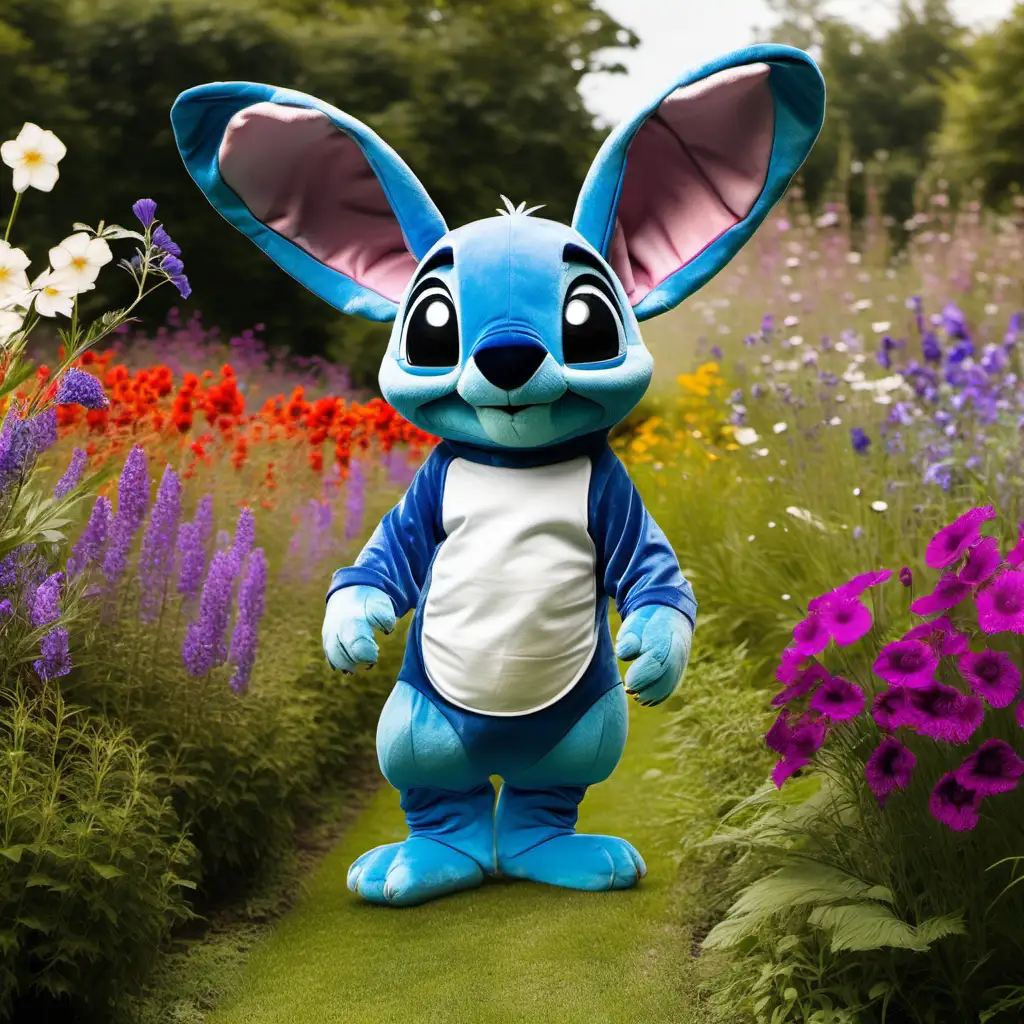 Stitch in a bunny costume pitside in front of a garden of wild flowers