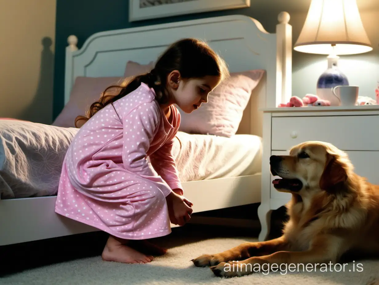 PHOTO. bedtime. little girl's fru-fru bedroom. side lit by bedside lamp. little girl in jammies kneels beside bed with hands folded together and head bowed down. mom, kneels beside daughter with hands folded but head is looking at her little girl. pet retriever is kneeling on other side of mom with its paws extended across the bed spread but dog's head is turned toward directly towards mom as dog seems to be asking what to do next. a cozy tight shot showing reverence, love