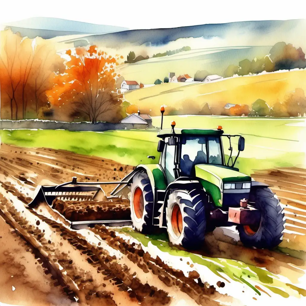 realistická ilustrace_lány pole, traktor oře pole, pluh je v zemi a ryje hlínu za traktorem, pole je zelené, kde je pluh je pole zorané, hnědé pole, vedle je les, podzimní krajina, v pozadí vesnička, pěkná realistická akvarel ilustrace