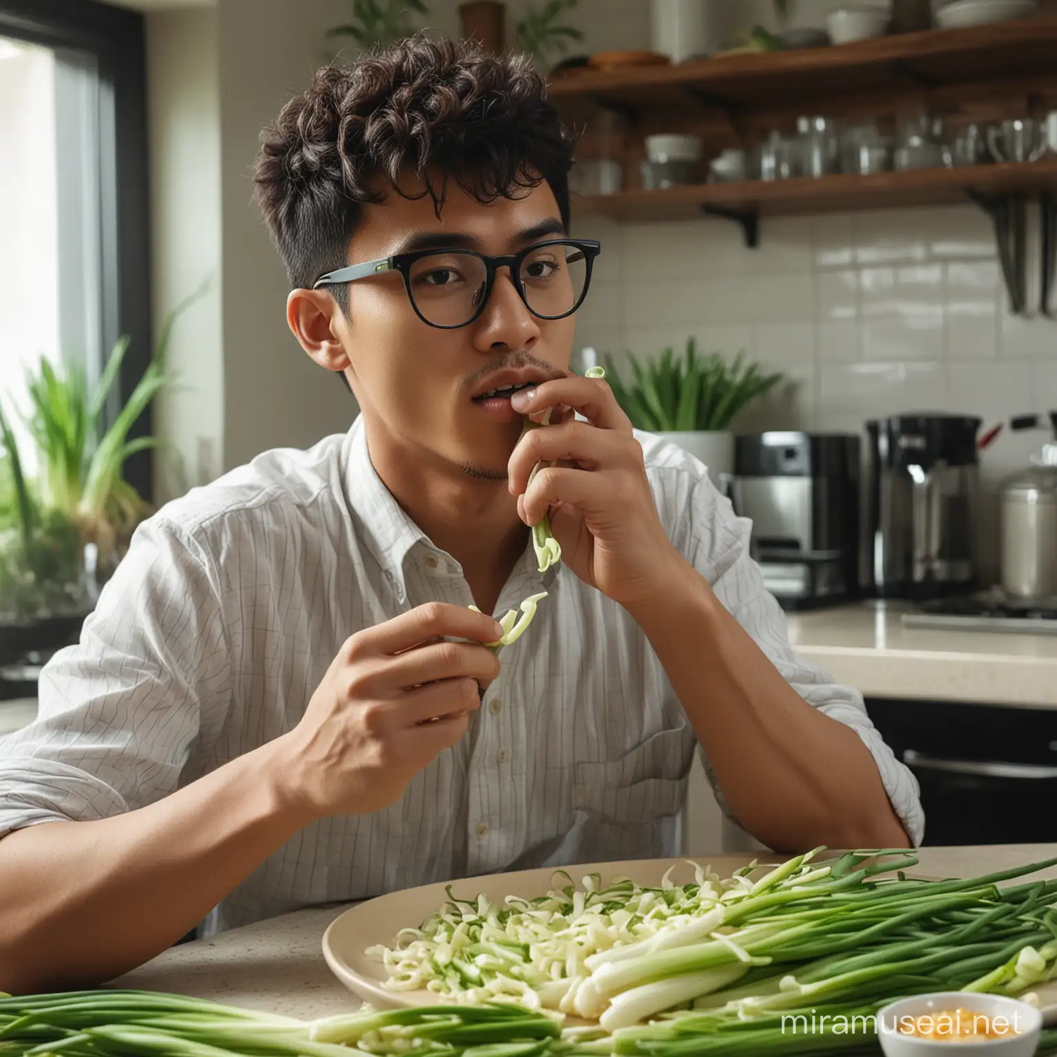 photography art, a 25 year old Indonesian man with a thin body, very short and slightly curly hair, glasses, eating pieces of spring onions in a kitchen full of spring onions, cheerful expression, cinematic, Japanese event setting, UHD, 8k