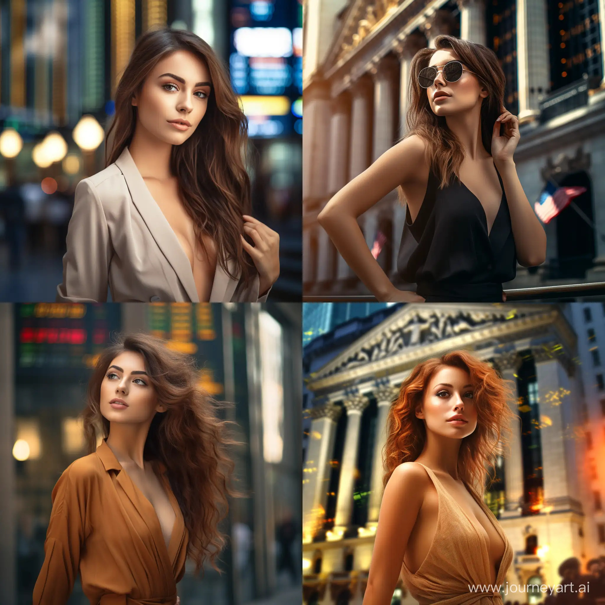 a beautiful girl with a satisfied expression on the background of the stock exchange building, financial markets, money.