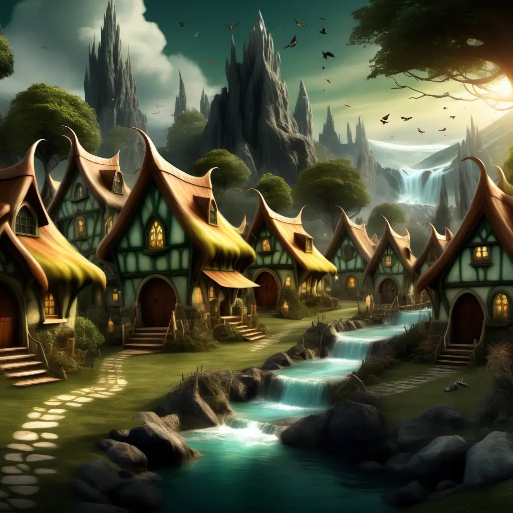 Create an enchanting fantasy digital painting depicting an elven village with woodland creatures, wizards, and magic visual effects portrayed in JRR Tolkien style.

