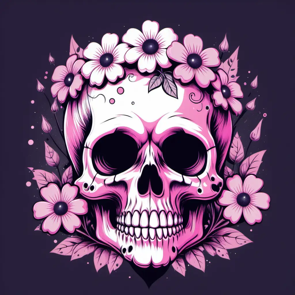 Pastel Pink Cute Skull with Blooming Flowers Vector Illustration