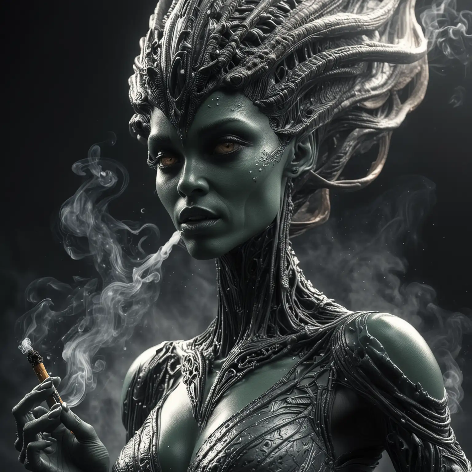 A woman alien godess, passion, smoke, flirting, highly detailed, stunning visuals 