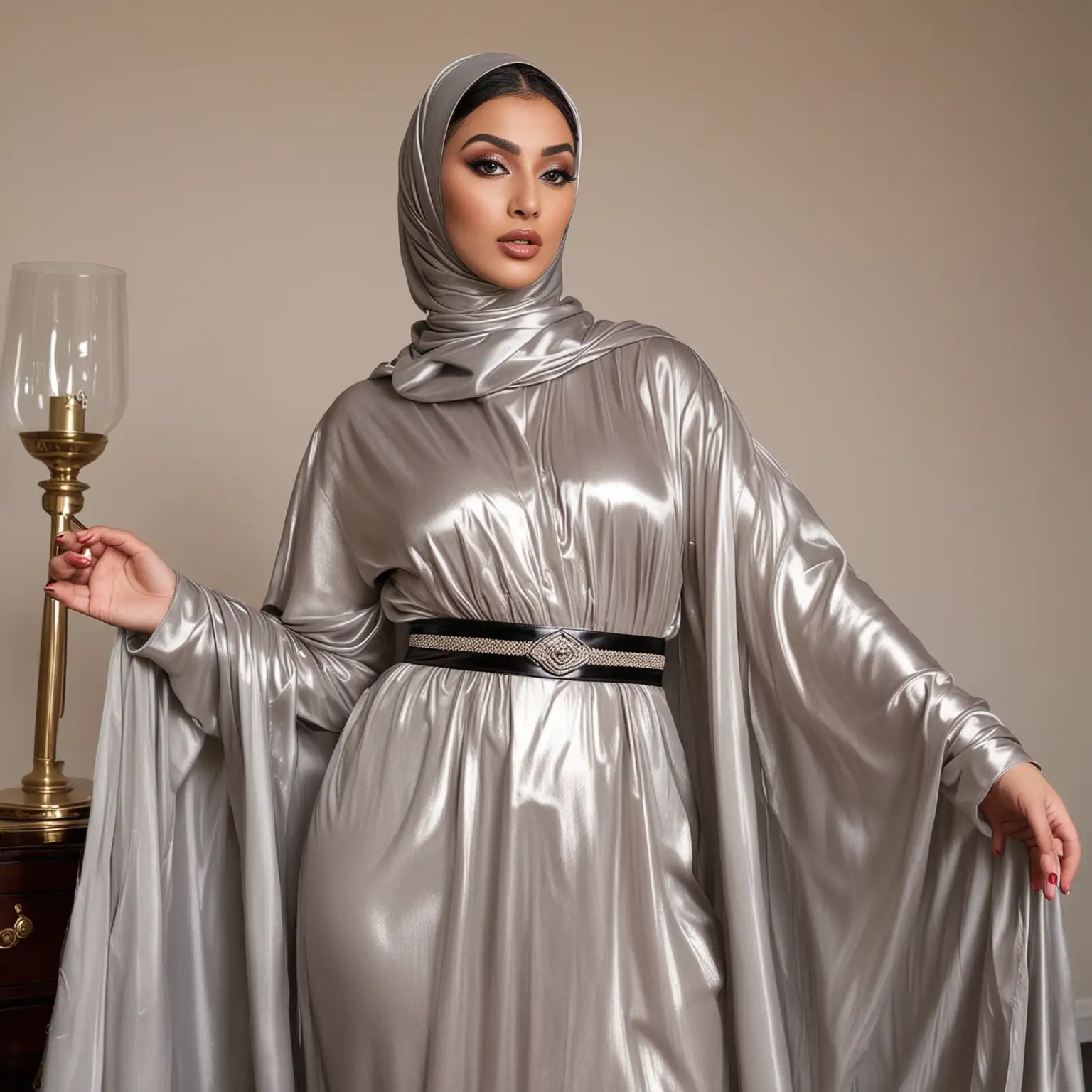 Niqabi muslimah in heavy makeup wearing a shiny metallic silk chiffon hijab and kaftan. The metallic niqab’s loose, drapey fabric hides her face and she’s wearing 5” Louboutin patent leather heels 