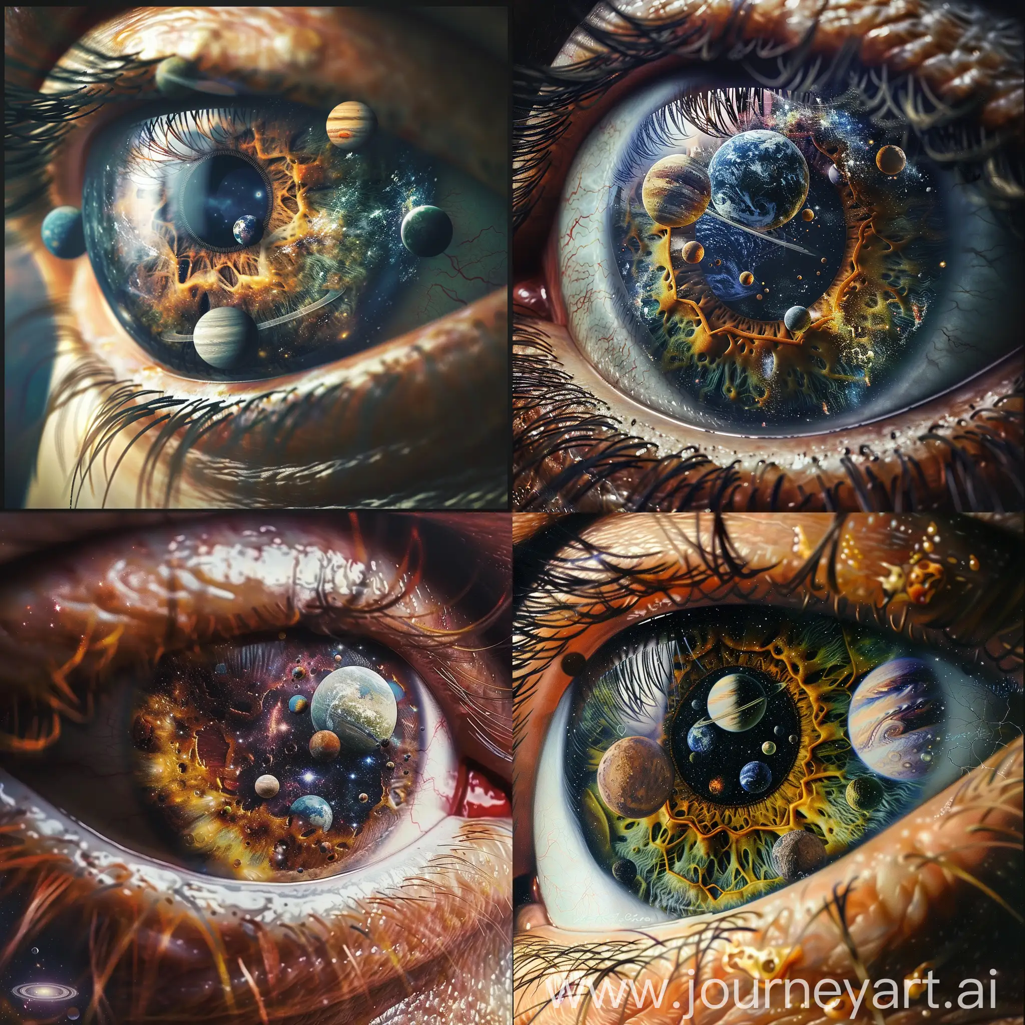 Detailed images of the eyeball, with planets superimposed instead of traditional ocular anatomy. The planets represent different emotional and psychological aspects, such as creativity, curiosity, fear, and hope. Intricate details showing the connection between ocular anatomy and space exploration, creating a visually stunning experience.