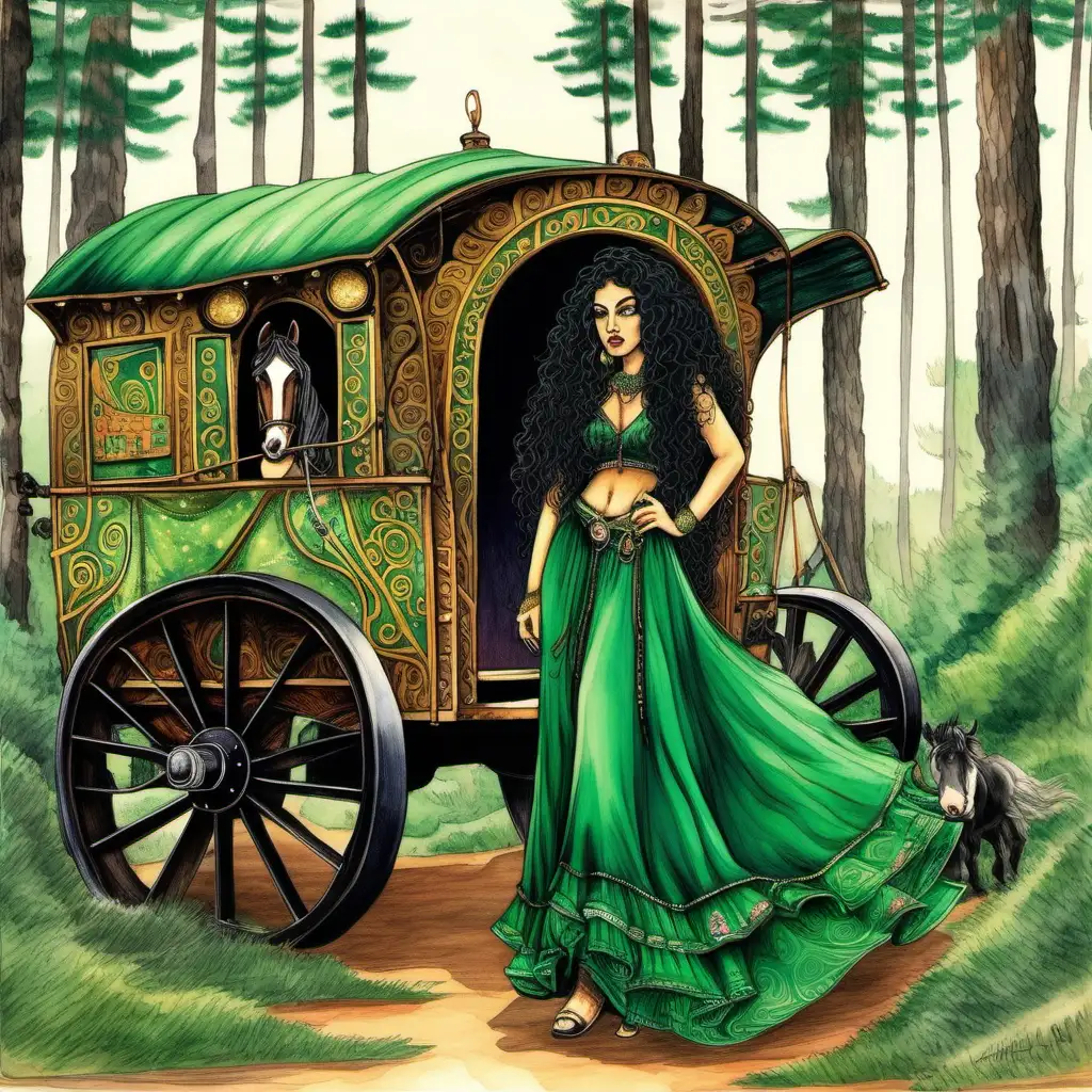 a gypsy wagon is in the pine forest with gypsy horses, gypsy woman with long black curly hair with green eyes, she has mascara & eyeliner, ,she is wearing emerald earrings & necklace 