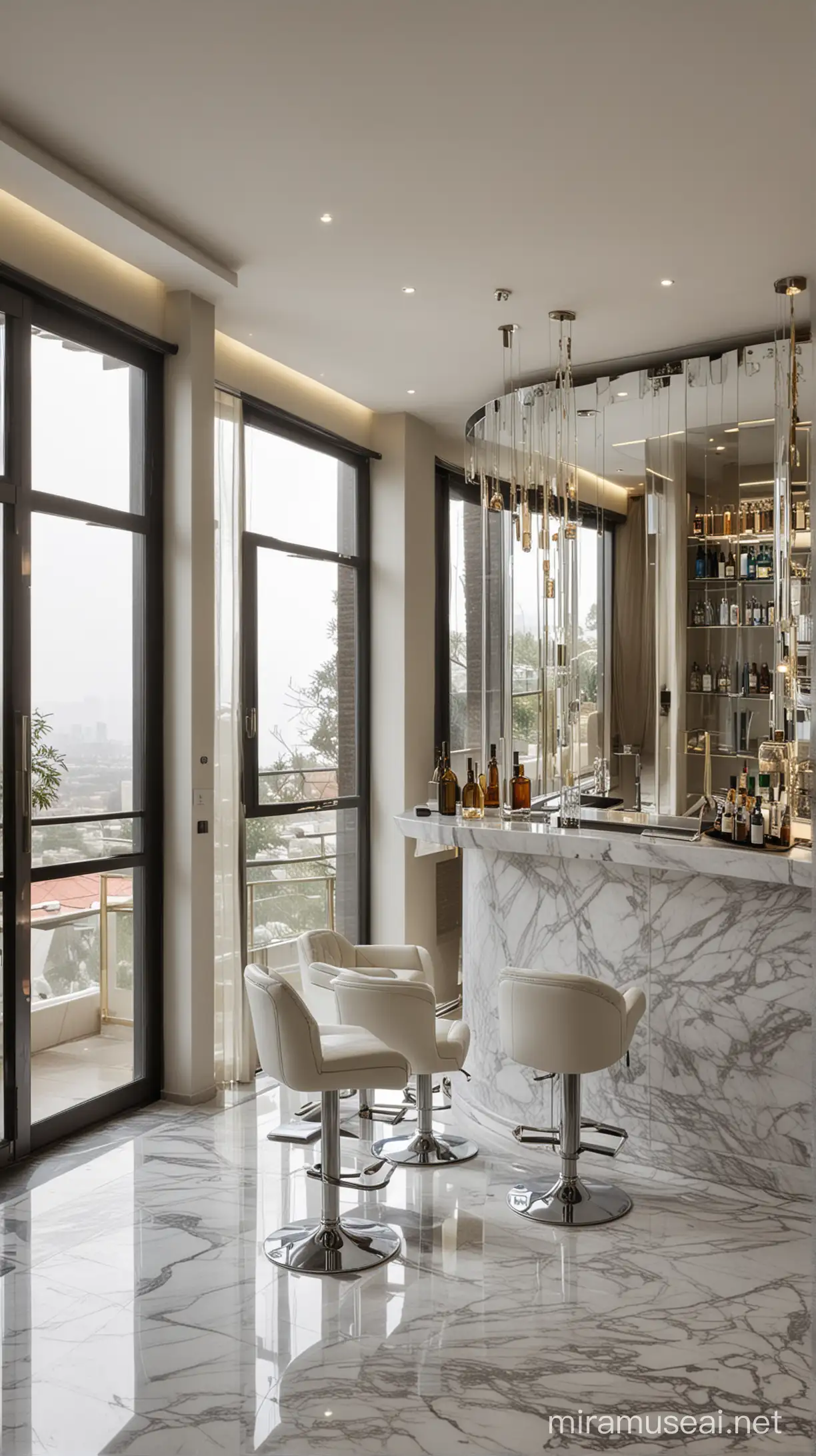 Modern Salon Interior with Aluminum Bar Stylish Stools and Elegant Chandelier