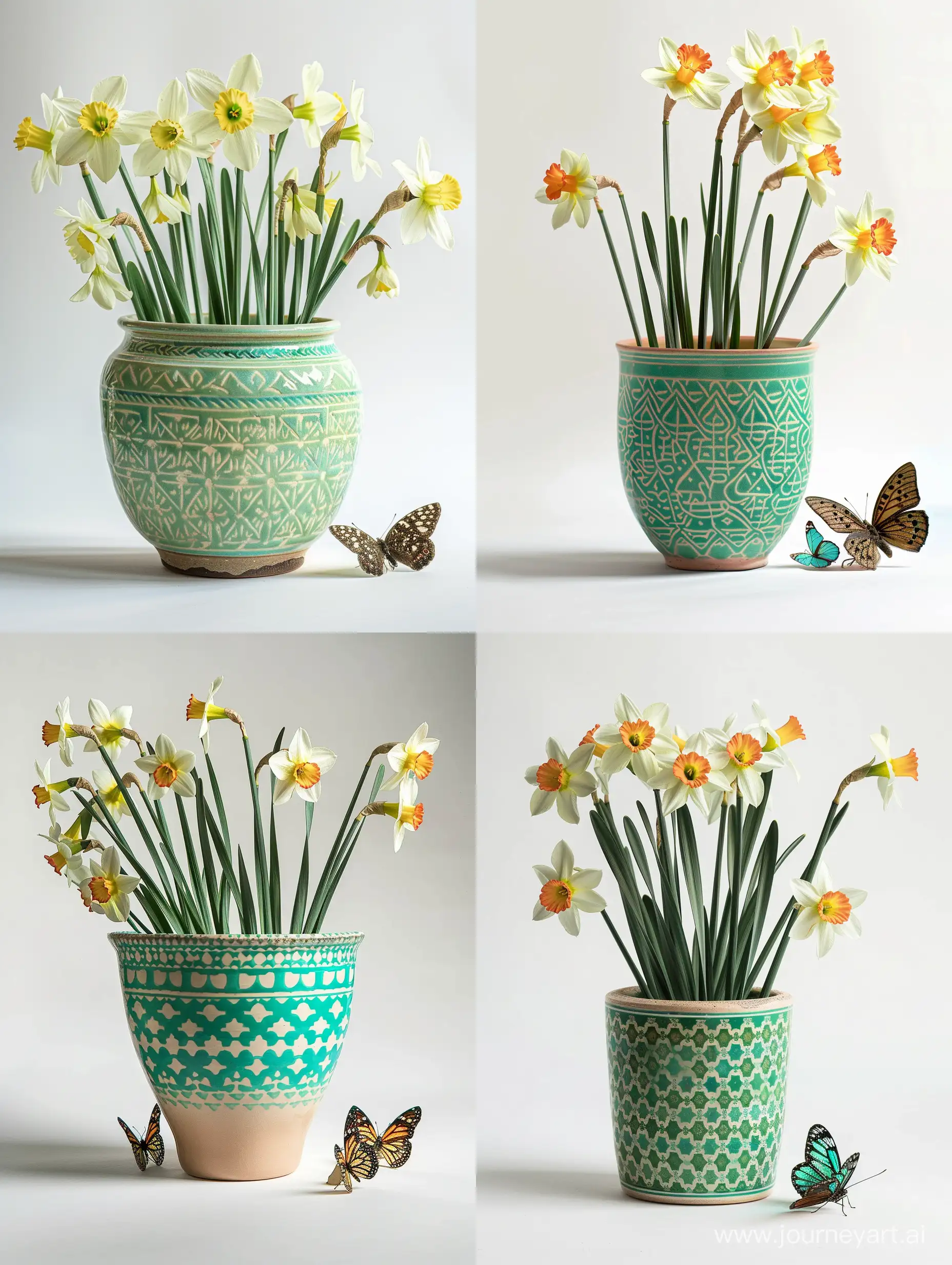 Exquisite-Iranian-Ceramic-Pot-with-Turquoise-Narcissus-Flowers-and-Butterflies