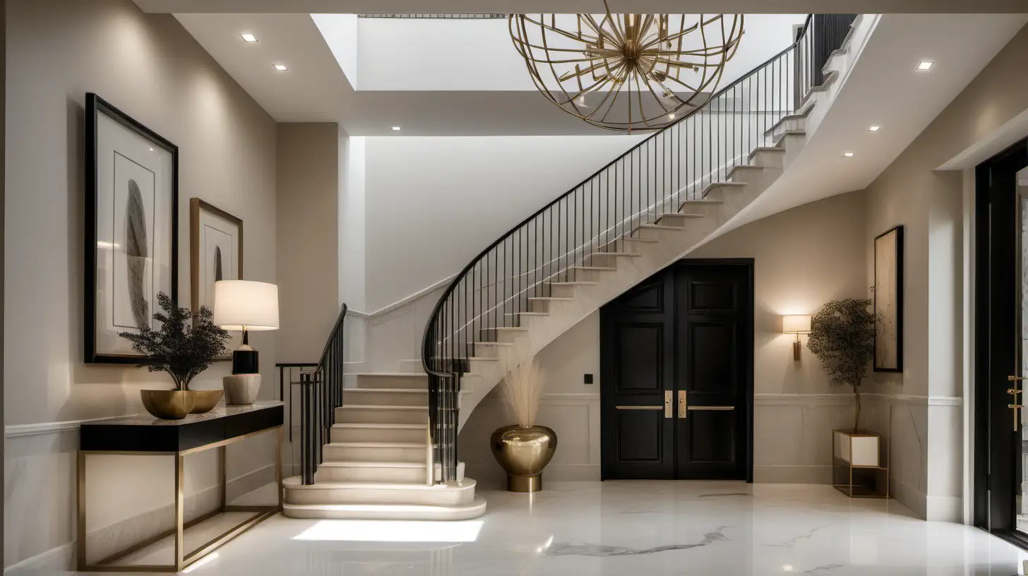 Elegant Contemporary Foyer with Minimalist Design and Brass Accents