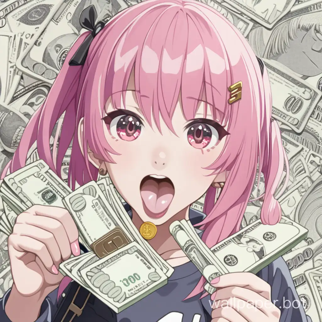 Playful-Anime-Girl-with-Pink-Hair-and-Money-Background