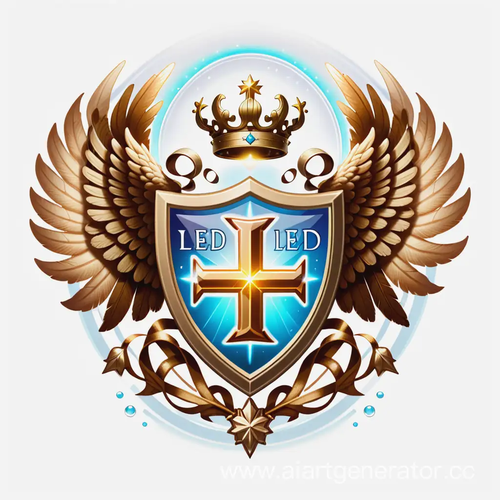 Лого для команды в формате герба ,в ангельском стилистике , с надписью ИЗ ТРЕХ БУКВ  "LED" , НИМБ НАД ГЕРБОМ