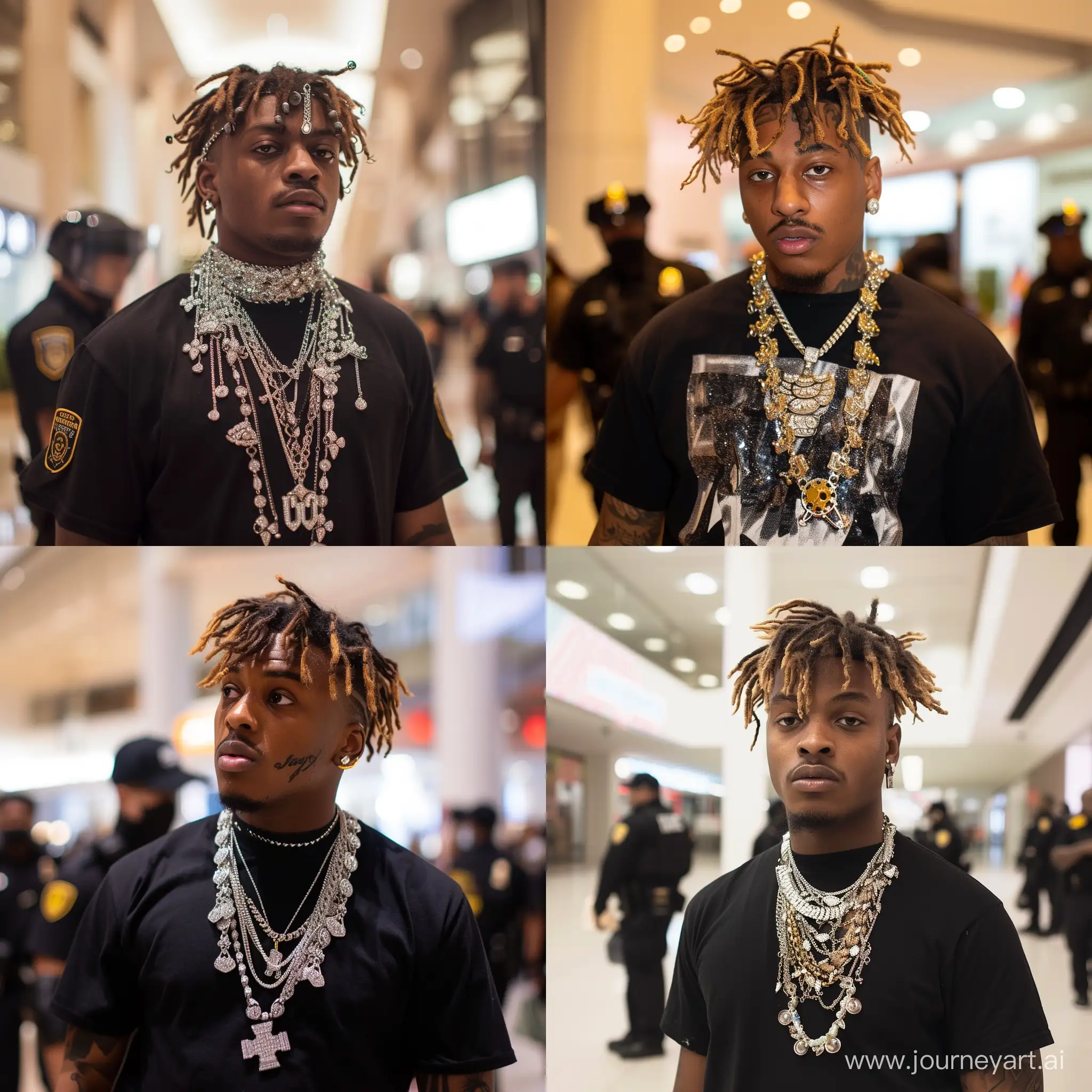 A Photograph of Juice WRLD wearing Jewelry,In a mall with security,Buying Shoes