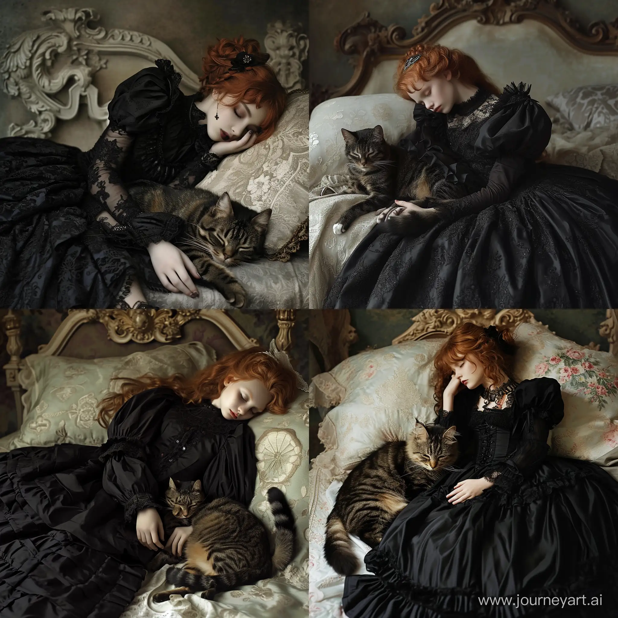 Gothic-RedHaired-Girl-Sleeping-with-Stylish-Cat-in-Black-Dress