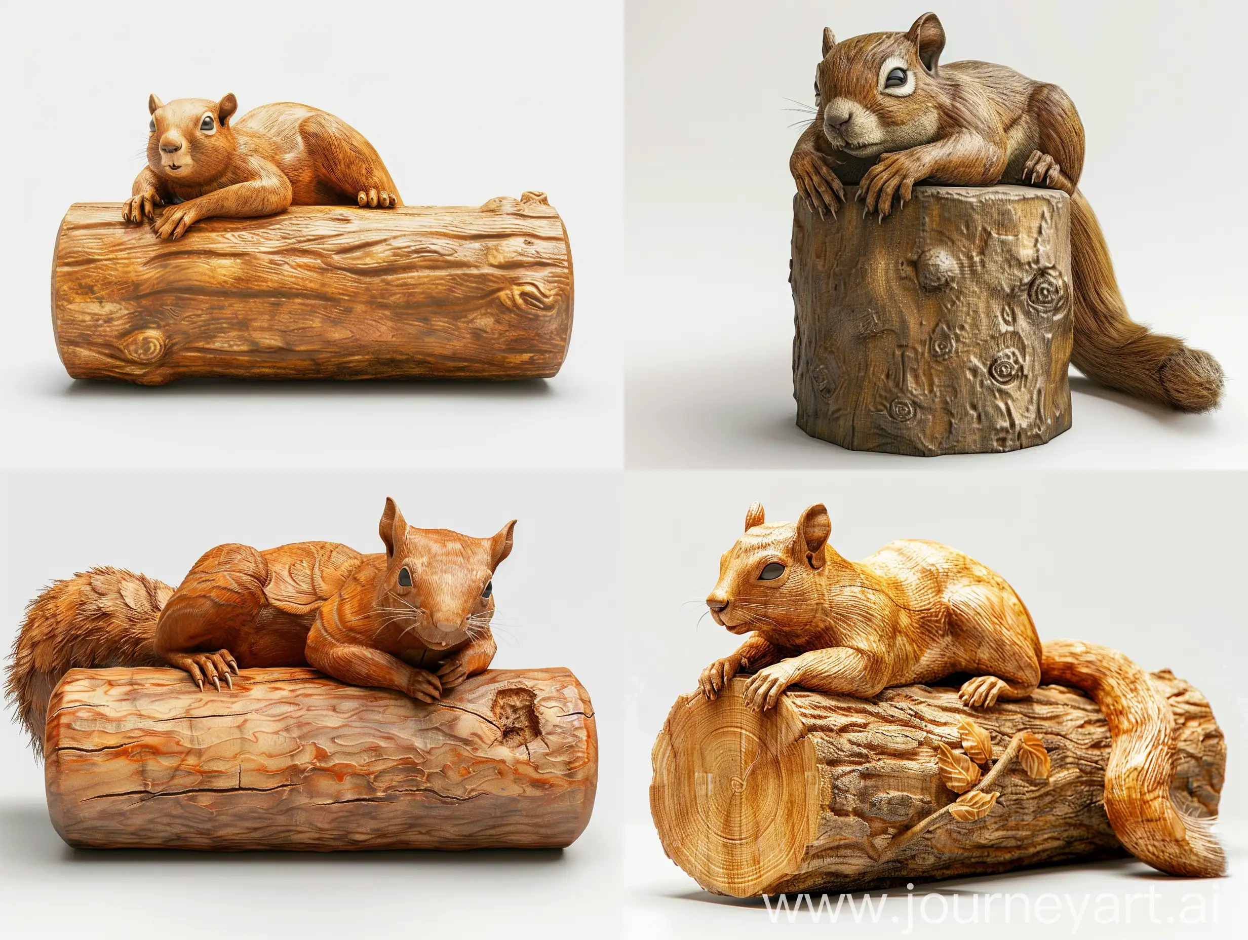 Professional sketch for wooden sculpture, a full-length a squirrel resting on a cylinder full-face and in profile, professional dynamic character, wood carving, white background, 8k Render, ultra realistic