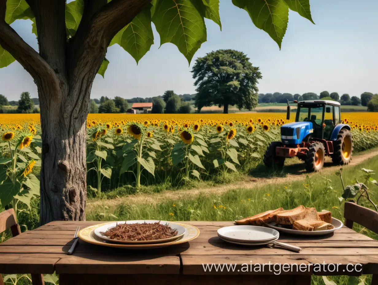 a sunflower meadow in which a tractor is eating in the background, in the foreground there is a wooden table in which there is a plate with old food, tree branches can be seen from two old trees