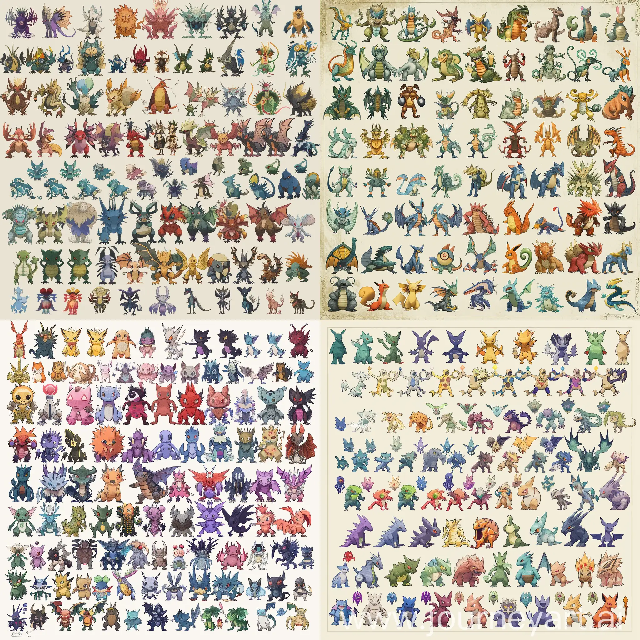 Create a picture with one hundred creatures of different types similar to Pokemon.