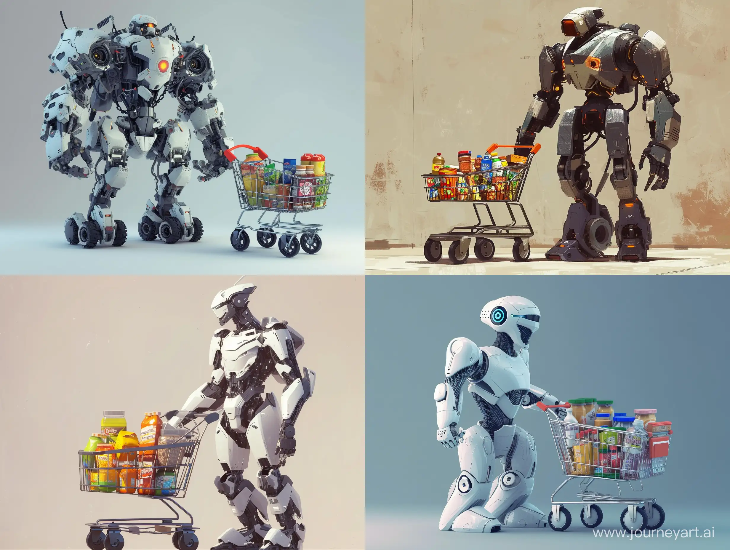 современный высокотехнологичный робот стоит с продуктовой тележкой в которой разные продукты, стиль: artstation