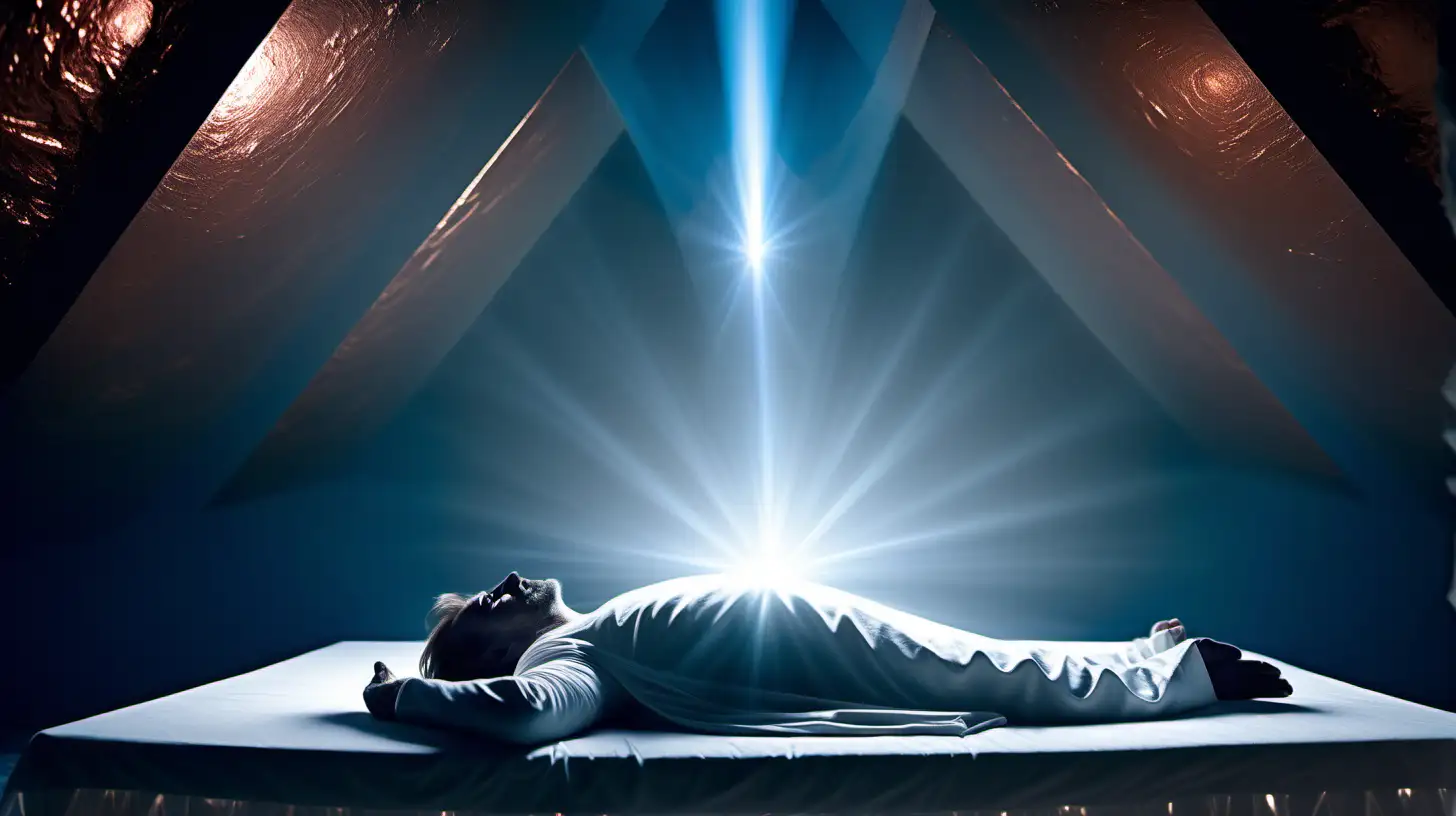 cinematic, photo, shot on hasselblad x1d, man healing laying down on bed inside of copper pyramid, galactic federation of light, blue and white healing light streaming into pyramid and show light entering man in heart, takes place in space at pleiades, place crystals around man and show her peaceful, man in long white clothing, show the universe above pyramid and earth below bed