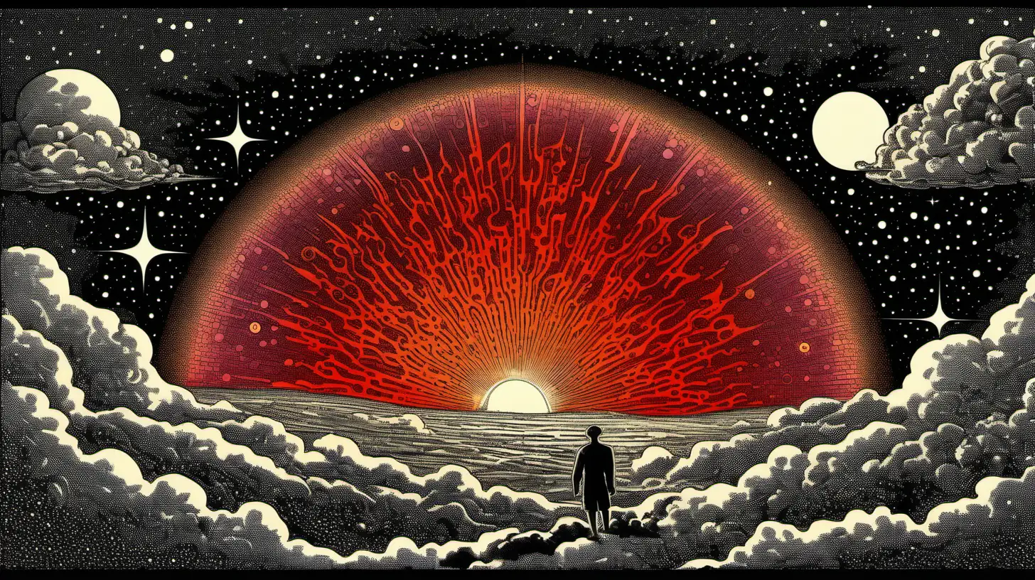 Colorful Flammarion Engraving Man Ascending Through Red Sun in Black Sky