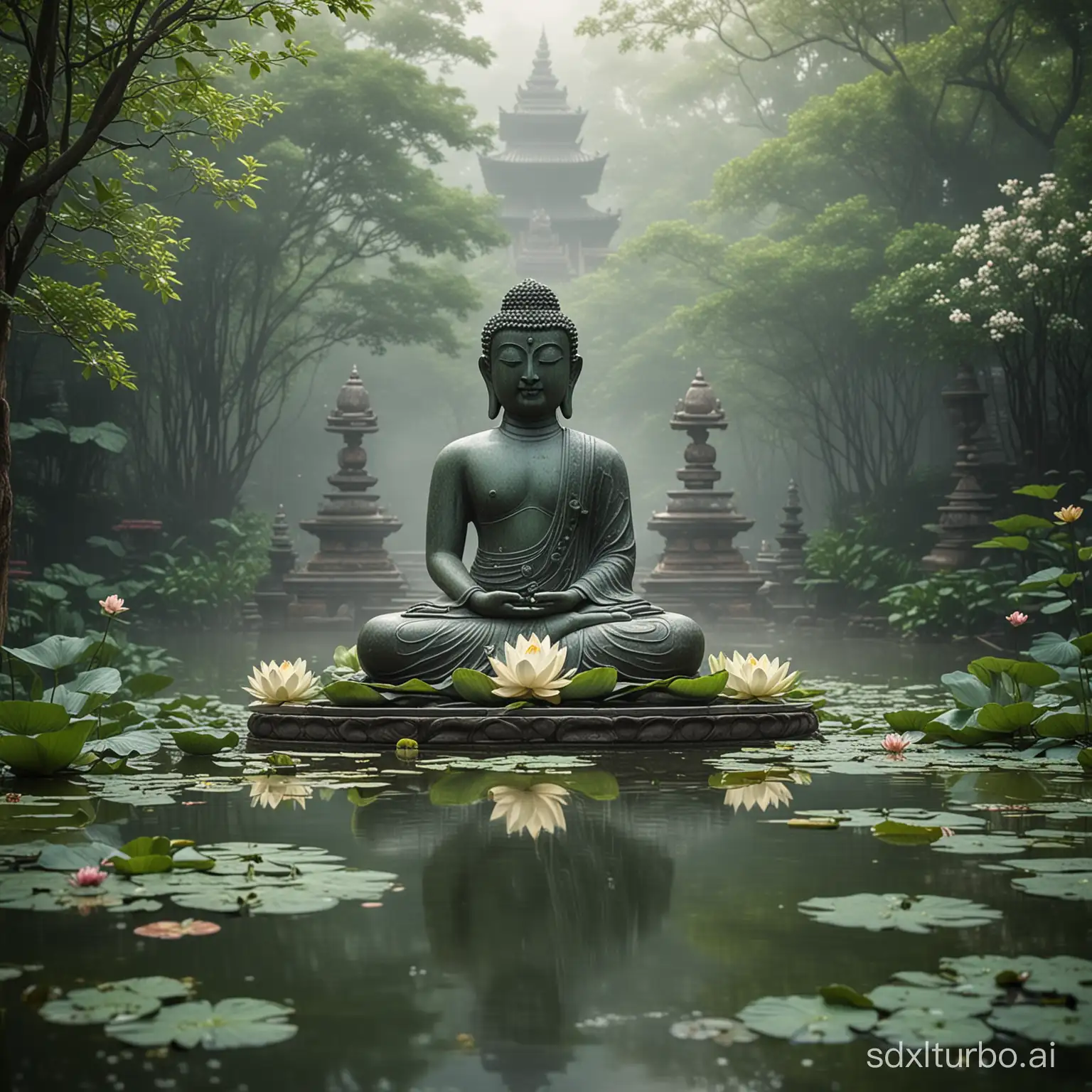 a photorealistic, detailed, bokeh, mist, inspiring, tranquil, symmetric, Tibetan temple backyard, Buddha statue, meditation space lush with green vegetation and water flowing in the middle, blooming lotus on the water, warm and inviting, the image is symmetric