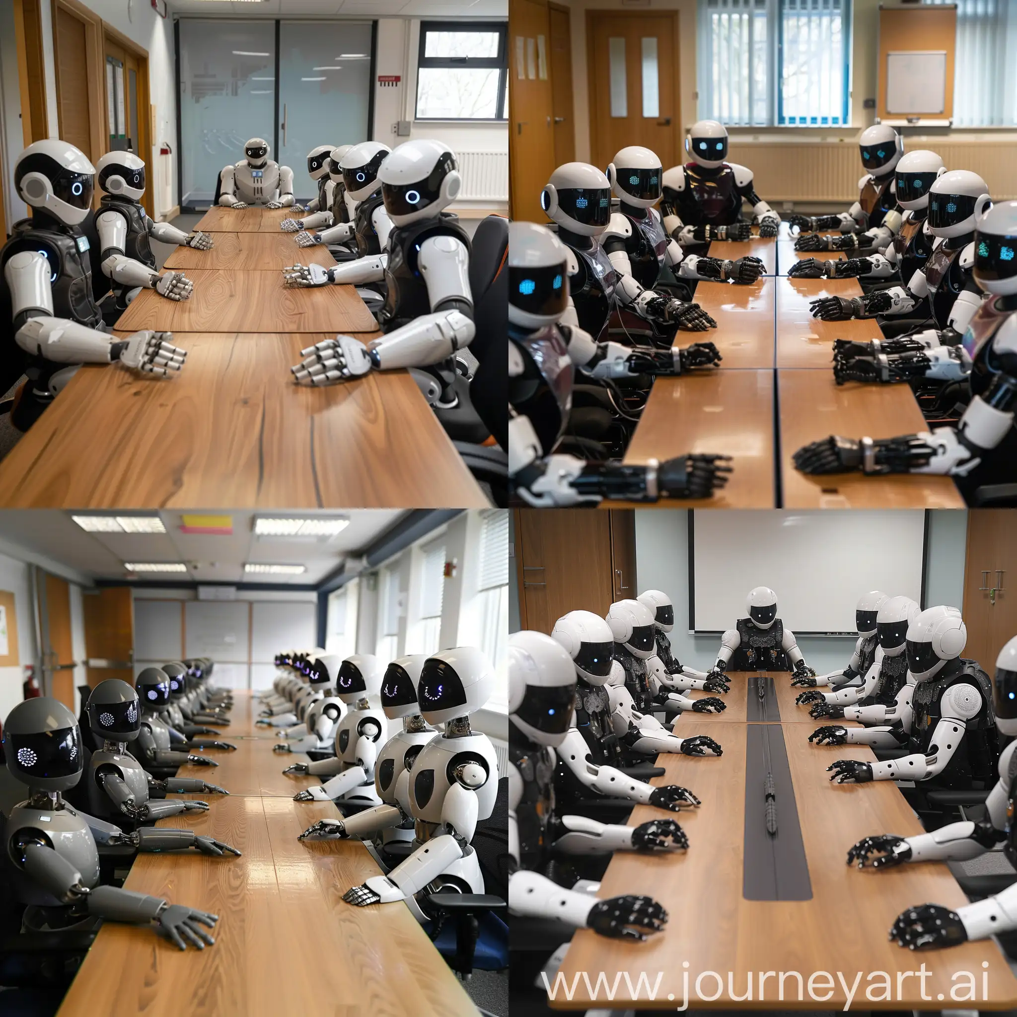 show SLT sitting round a long table at Monk's Walk School in Welwyn Garden City. They have been replaced by AI robots. They look very bored of their jobs.