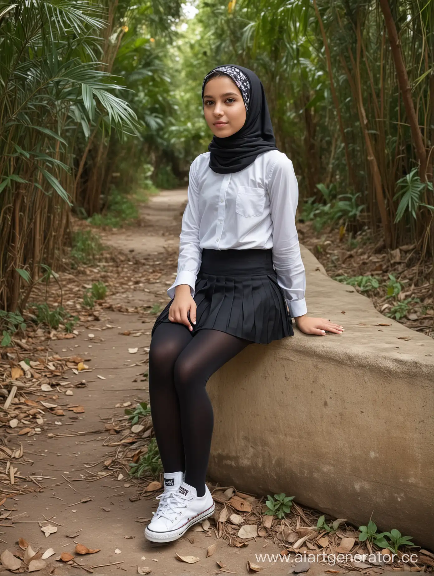 A little girl, 12 years old, hijab, mini school skirt, white short converse shoes, school uniform, black opaque tights, sits the jungle, from side, top view, turkish, hairless