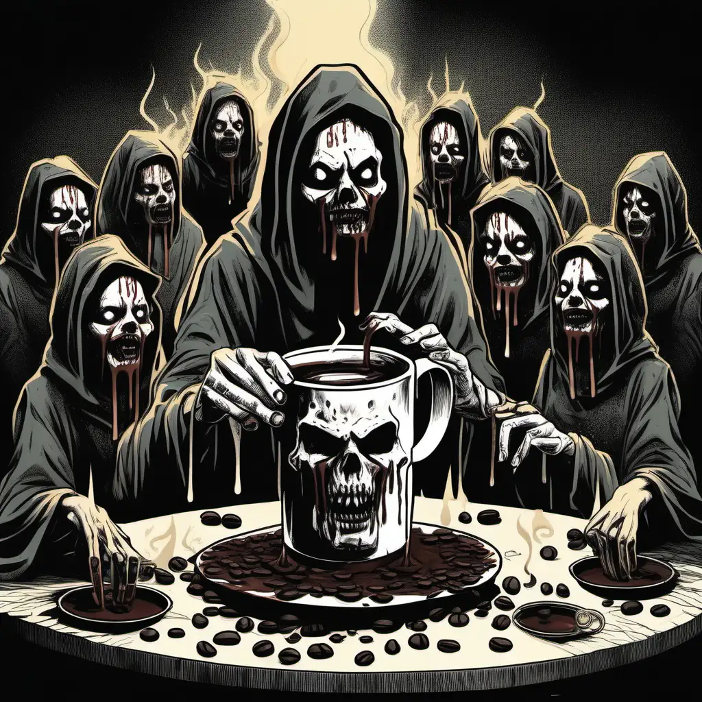 An illustration of a play on a demonic cult ritual. The ritual looks sinister. This ritual results in a perfectly brewed coffee dripping into a mug in the middle of the ritual