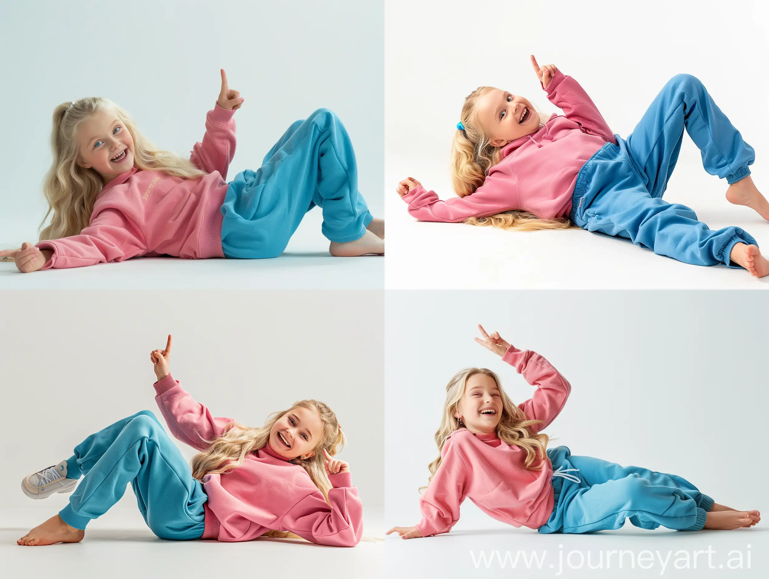 Laughing-Blonde-Girl-in-BarbiePink-Sweatshirt-Points-Up