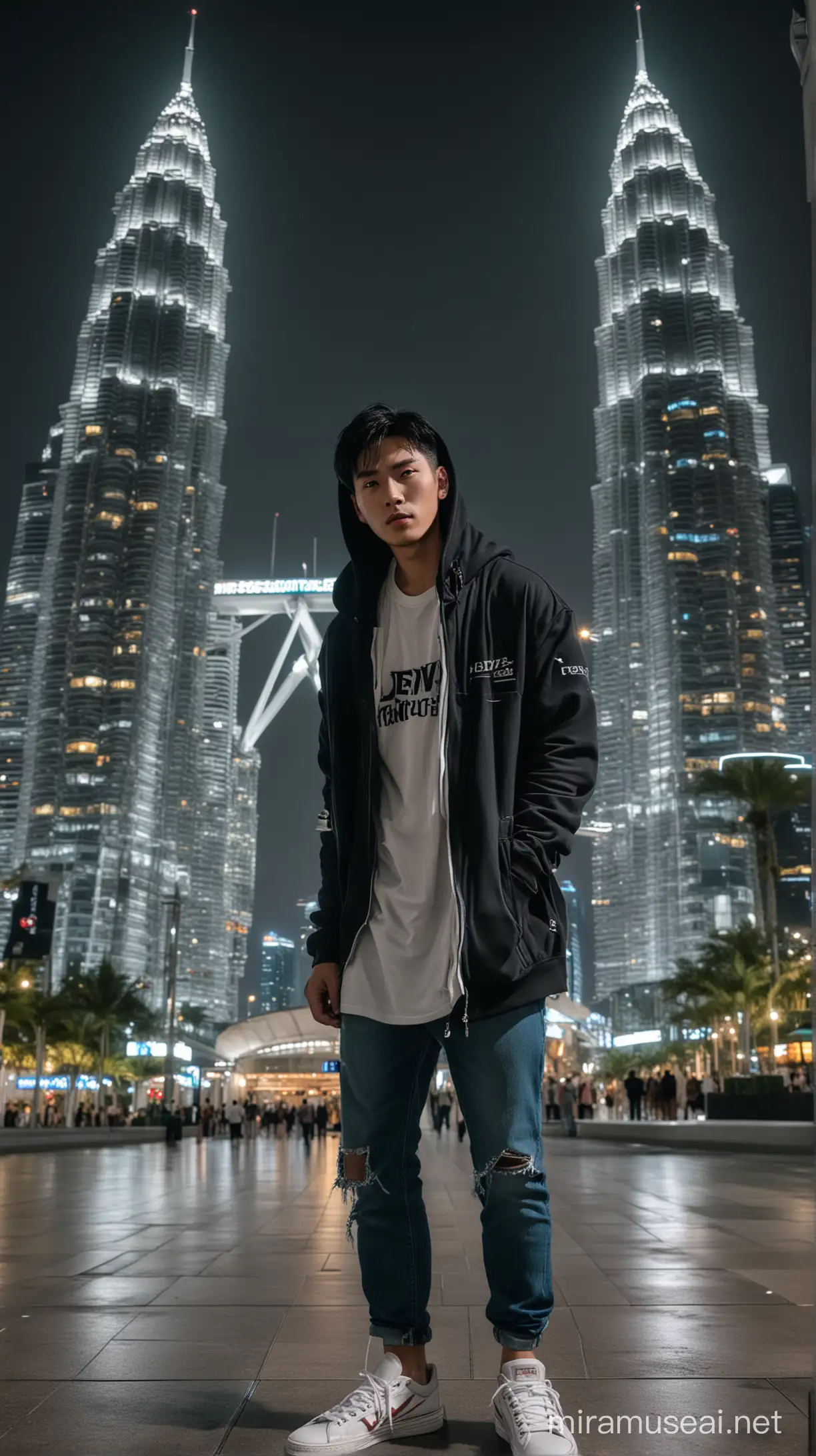 Romantic Pose of Korean Man at Petronas Twin Towers Malaysia