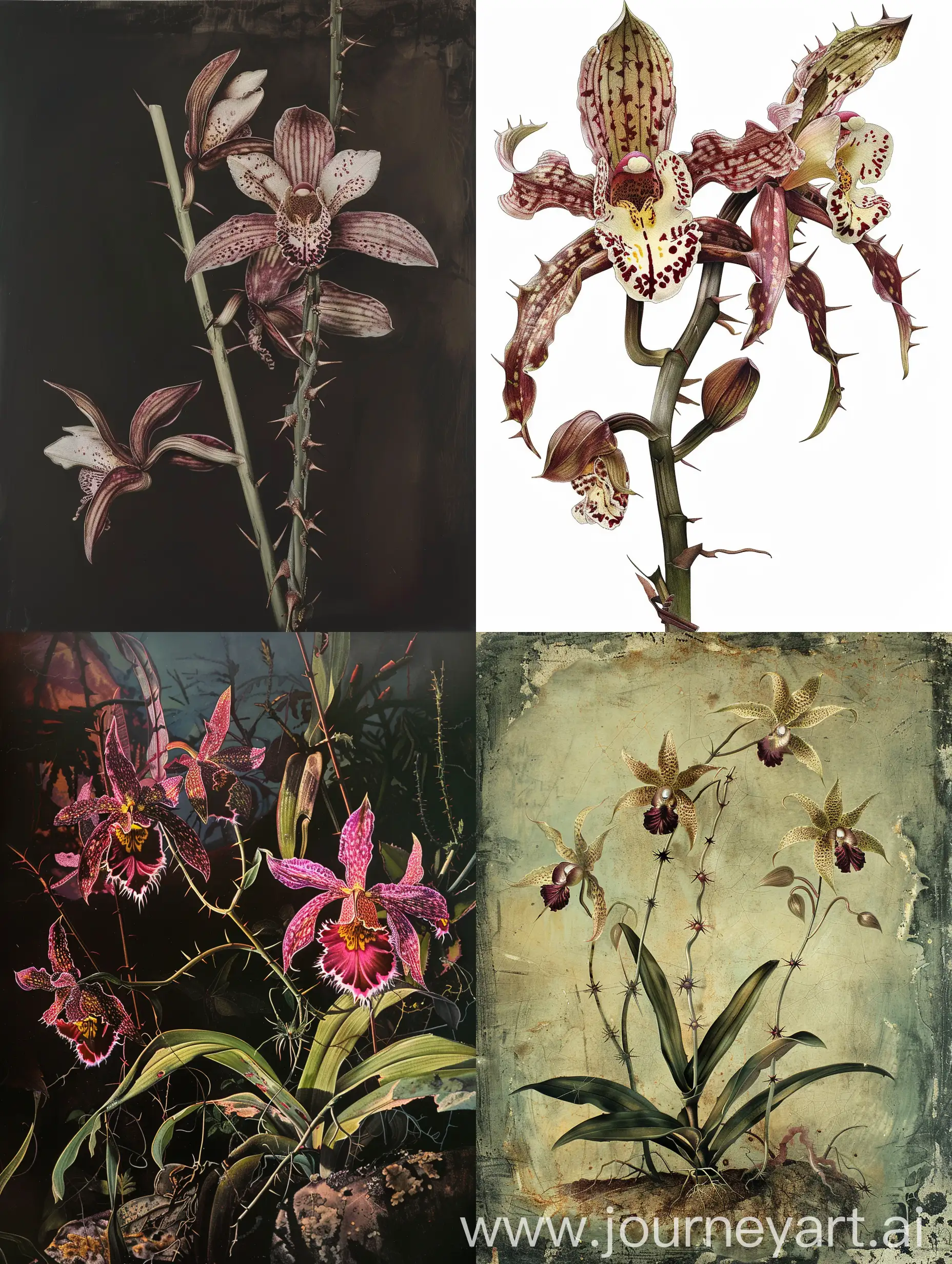 Изобрази дикие орхидеи, ядовитые орхидеи, шипы на стеблях, атмосфера ужаса 