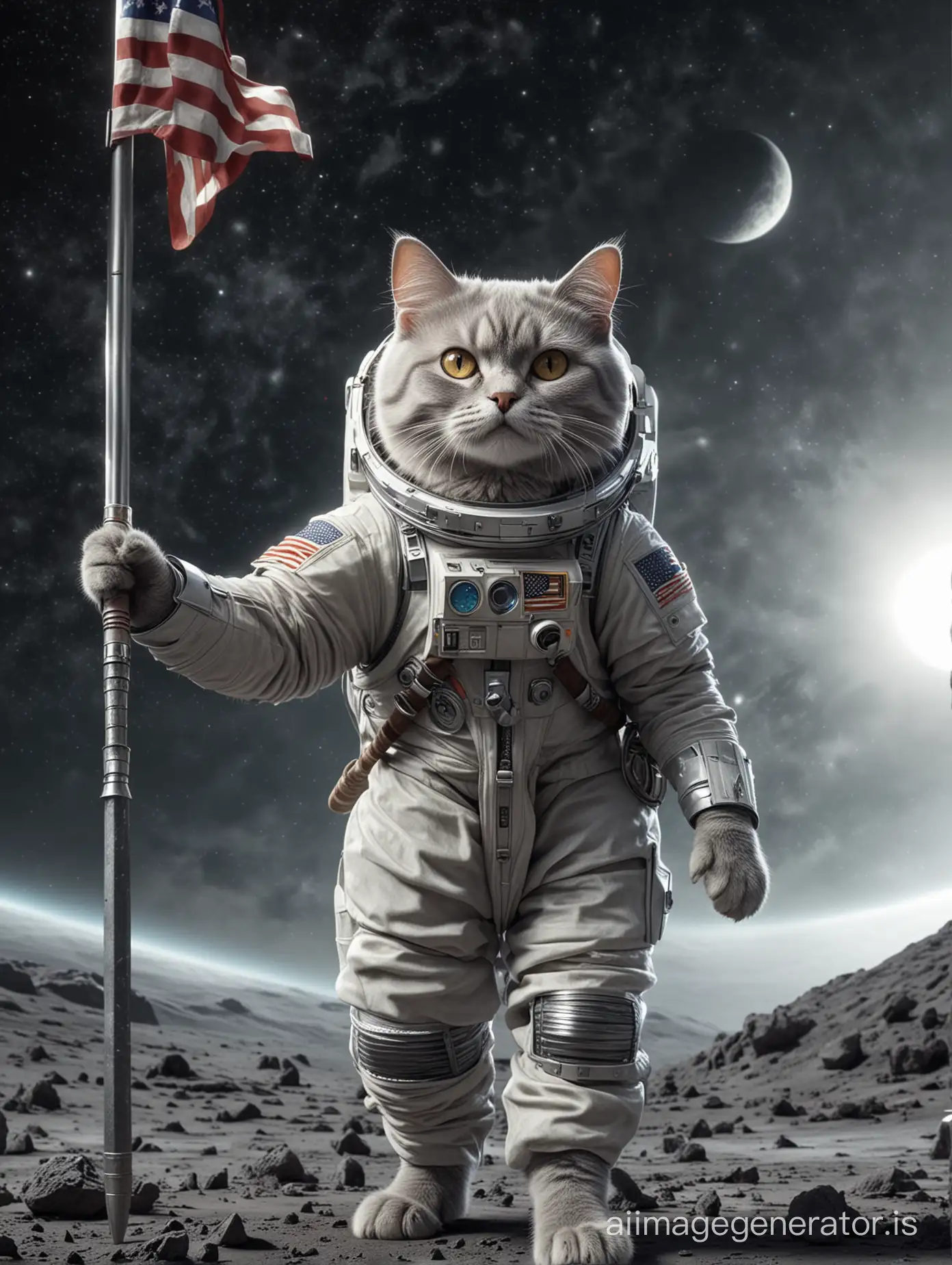 4k, ultra resolution, hd, realistic. Neill Armstrong style light grey cat with grey eyes in spacesuit raising an one flag on the moon ground in space with Jedi sword in hand