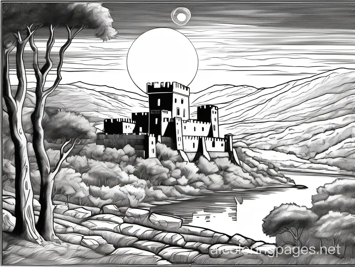 Etruscan-Castle-in-Moonlight-Coloring-Page-Simplified-Line-Art-on-White-Background