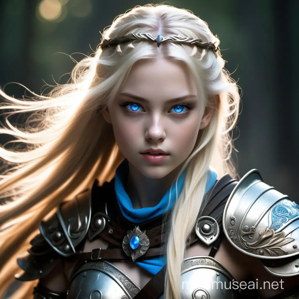 A warrior girl with bright blue eyes, flowing blonde hair