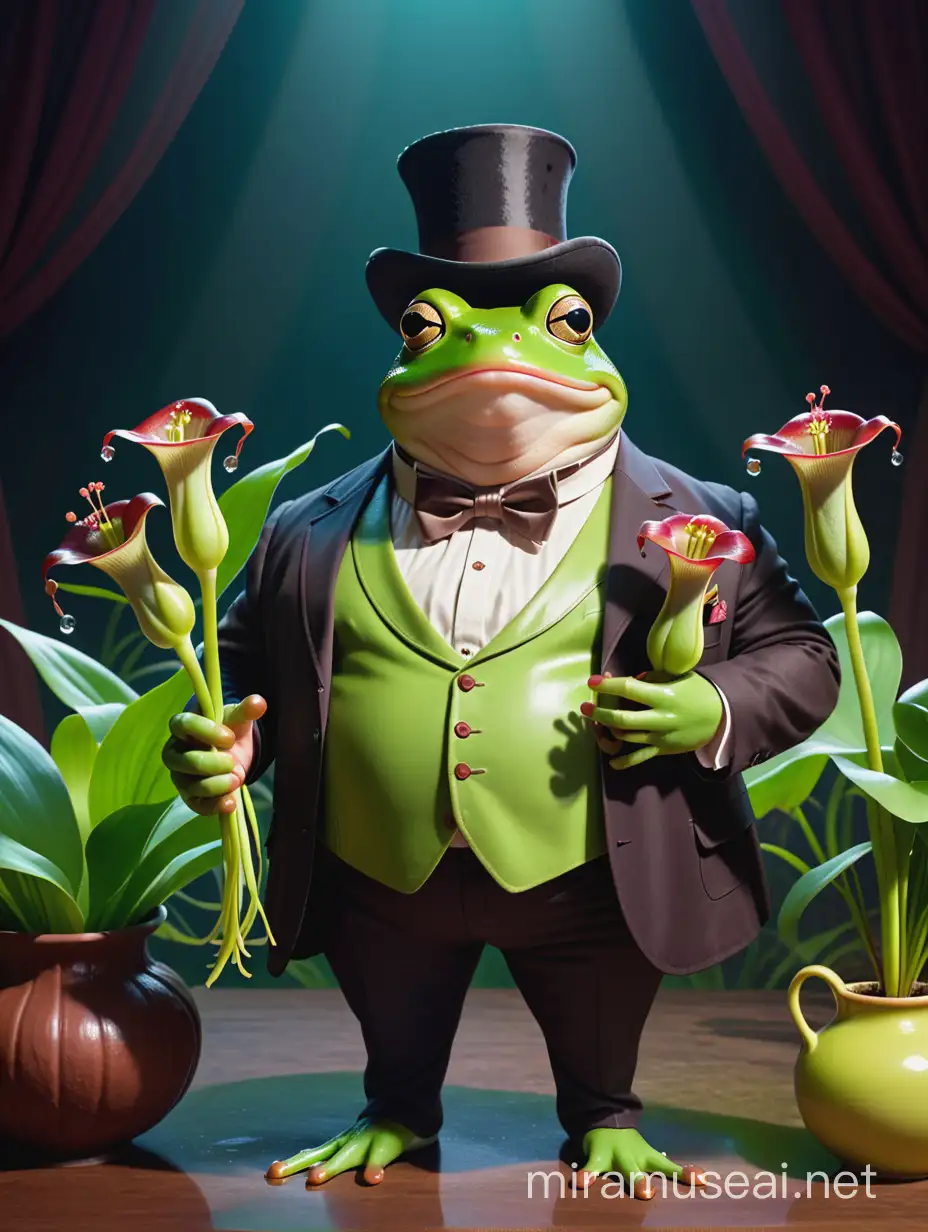 Chubby Frog Banker Poses with Pitcher Plants Cinematic Staged Shot