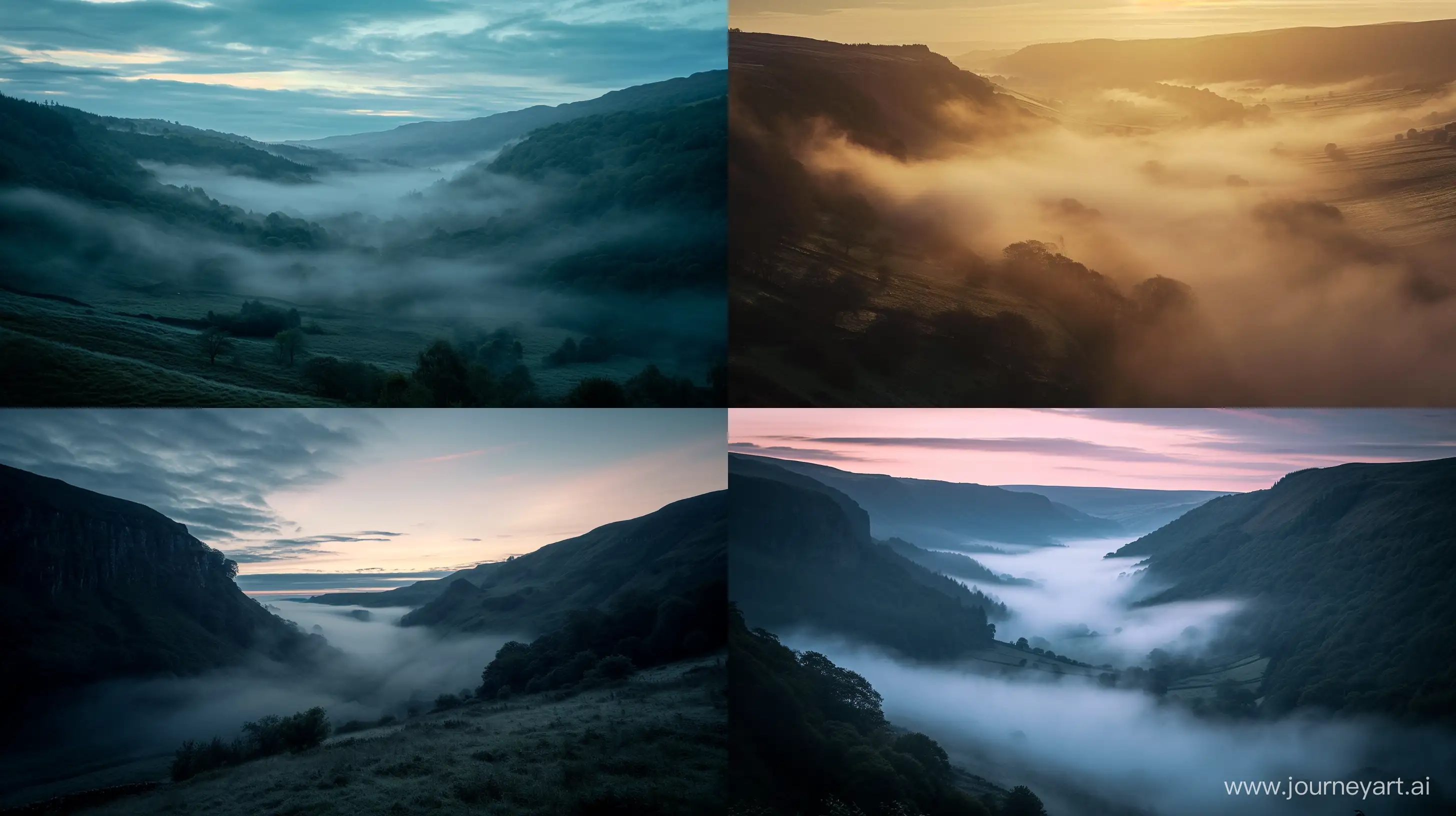 a valley with thin fog, dawn, ethereal and mysterious, cinematic scene from the movie A Monster calls, captured by Nikon D850, the film directed by J. A. Bayona, fancy, low key lighting --ar 16:9 --v 6.0