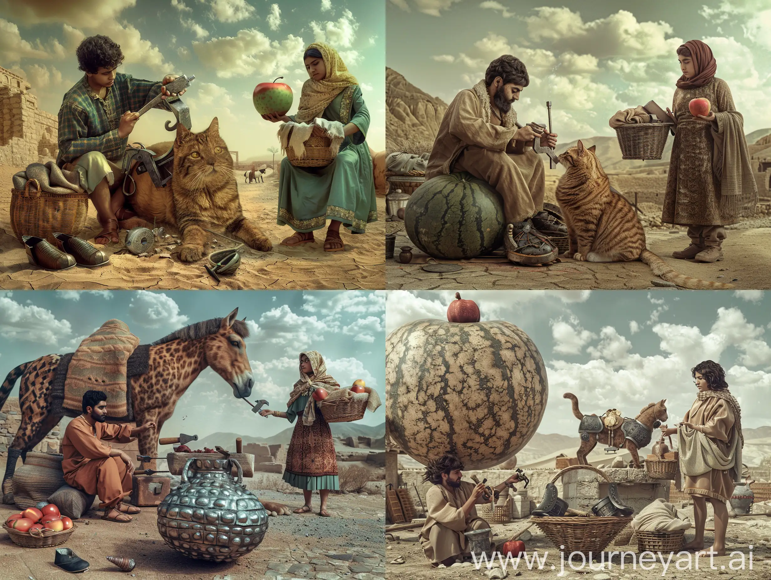 An ancient young persian blacksmith man in the city of Arg Bam, Kerman, is making iron shoes and iron armor for a giant horse-sized Persian cat, whose sister is holding two baskets, one full of shawls and the other an giant apple as big as a watermelon, she goes into blacksmithing, realistic photo in an ancient civilization, in a desert, cinematic, epic realism,8K, highly detailed, photograph, glamour lighting, backlit