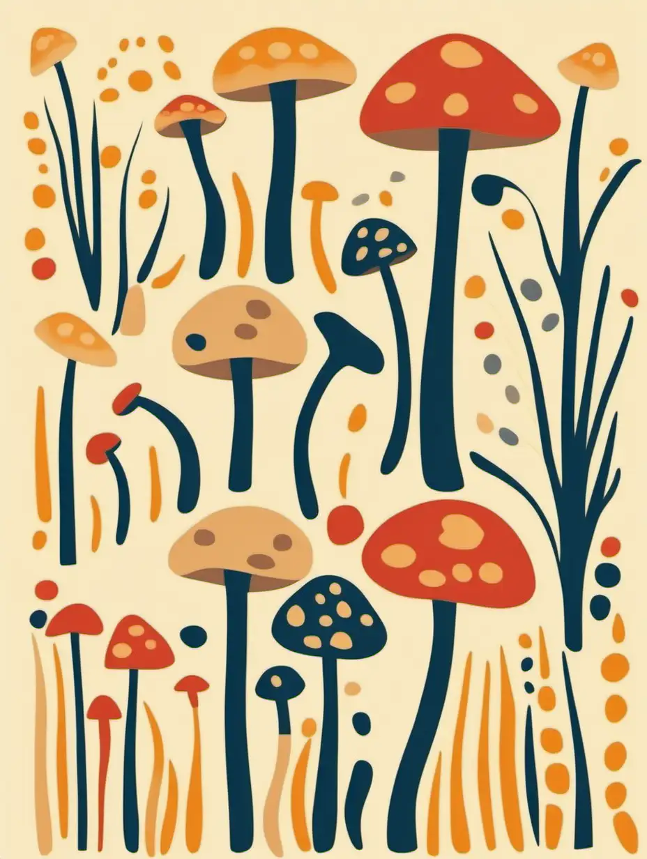 Abstract Mushroom Illustration in Matisse Style Simple Grain Textured Artwork with Light Colors