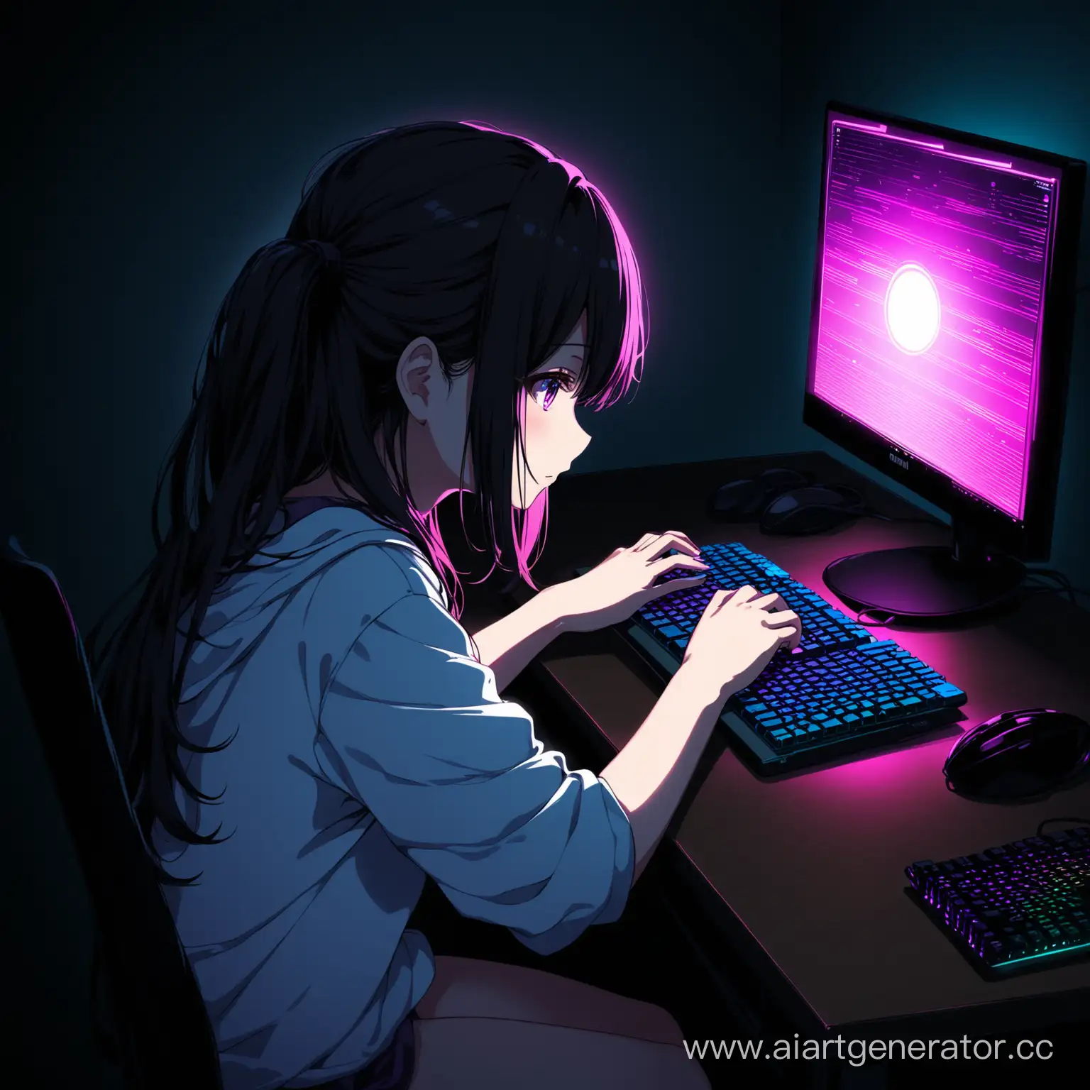 аниме девушка играющая в пк в темноте
с пк на столе с rgb
