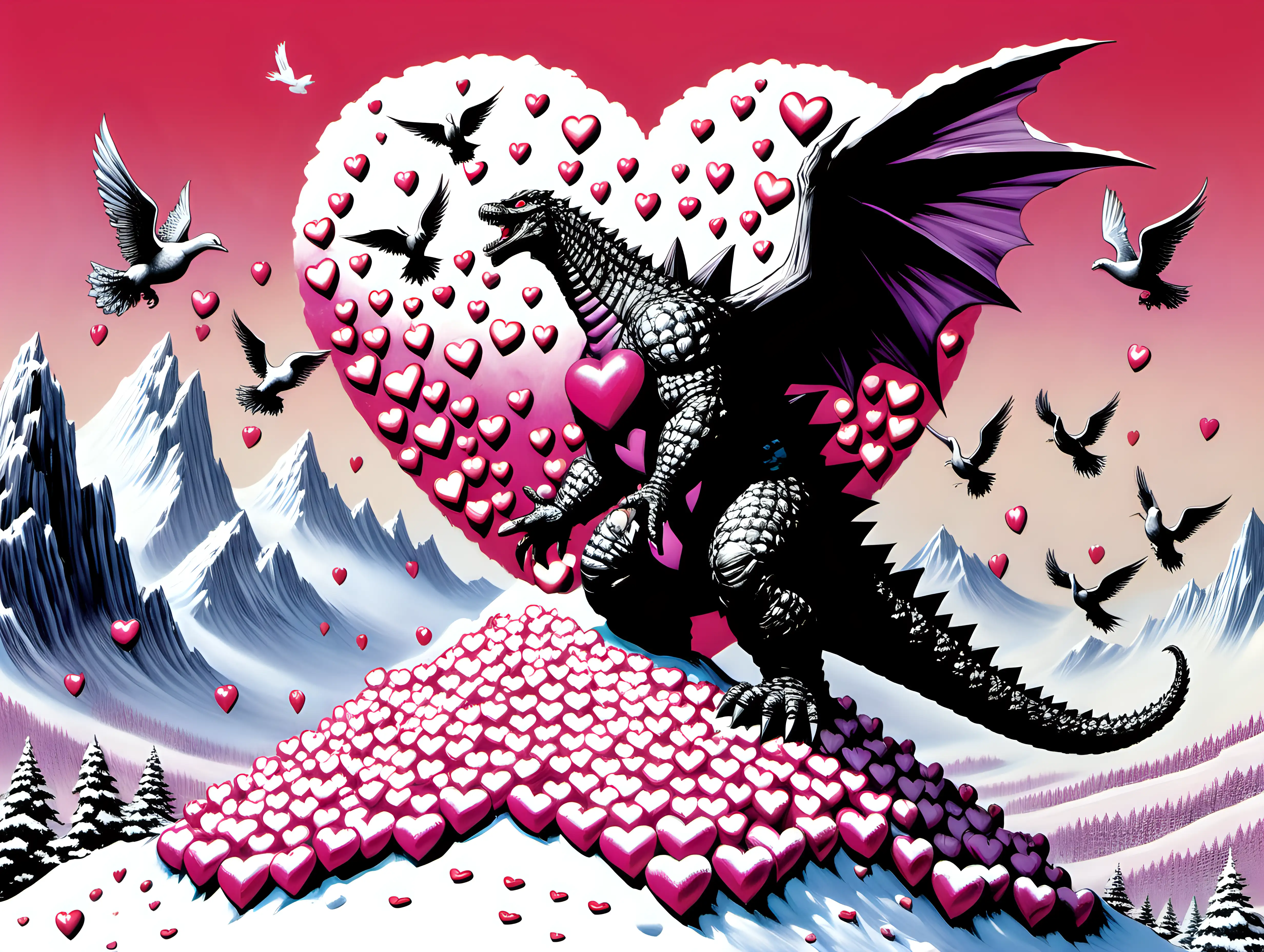 Godzilla Embracing Love Majestic Valentines Scene on SnowCapped Peak