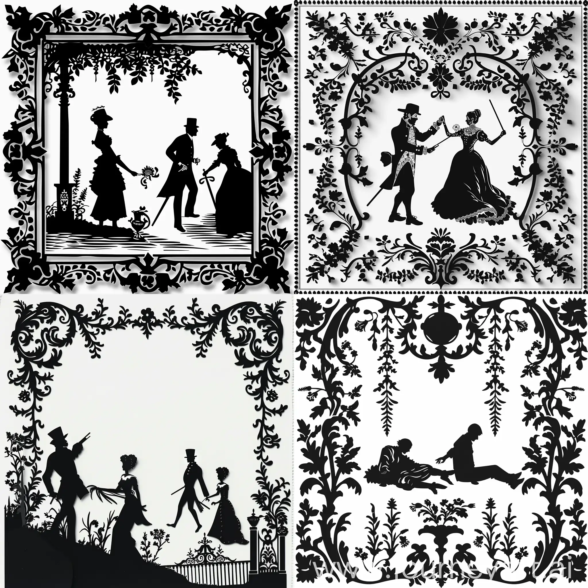 monochromatic victorian murder scene on a white background in the style of paper cut-outs, monochromatic black figures, simple lines, ornate embroidery--seed 3082098999