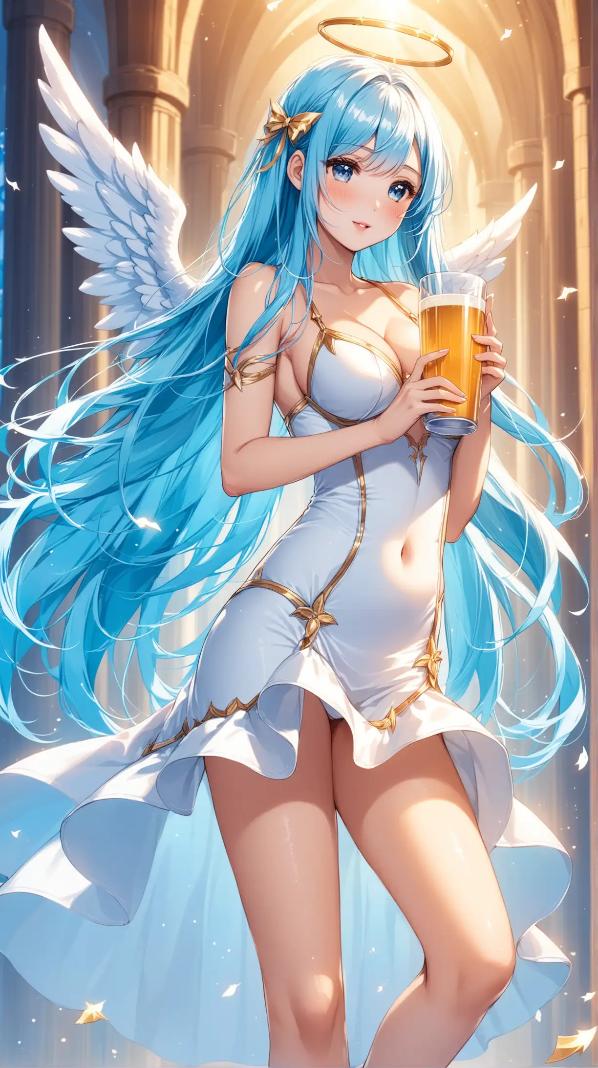 Sexy women carry cup , angel costume, playful, light blue long hair, white short sexy dress, fantastic background 
