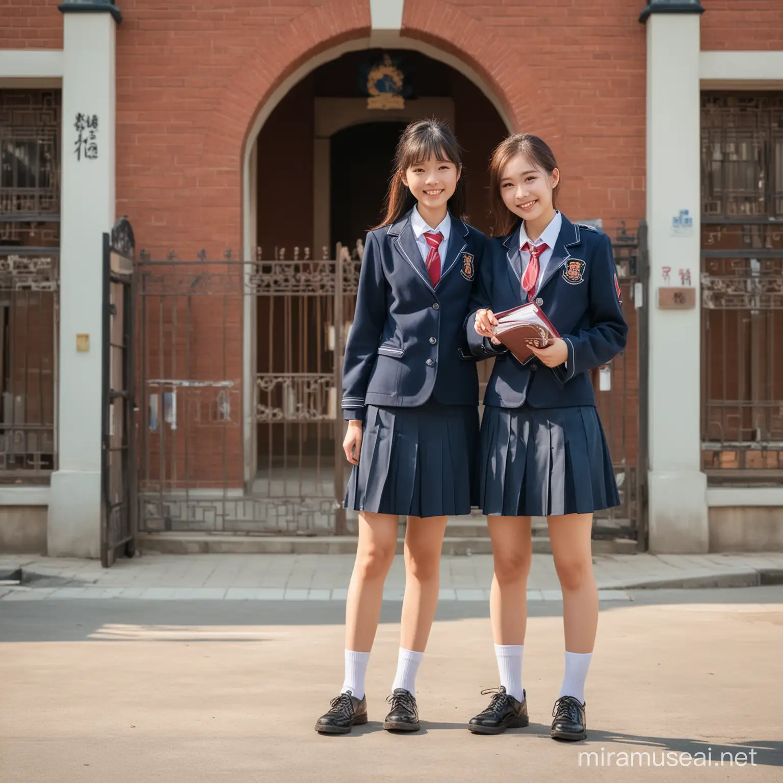 Boy and girl in China high school uniform, full body couple picture stand in front of school front gate in a sunshine day
