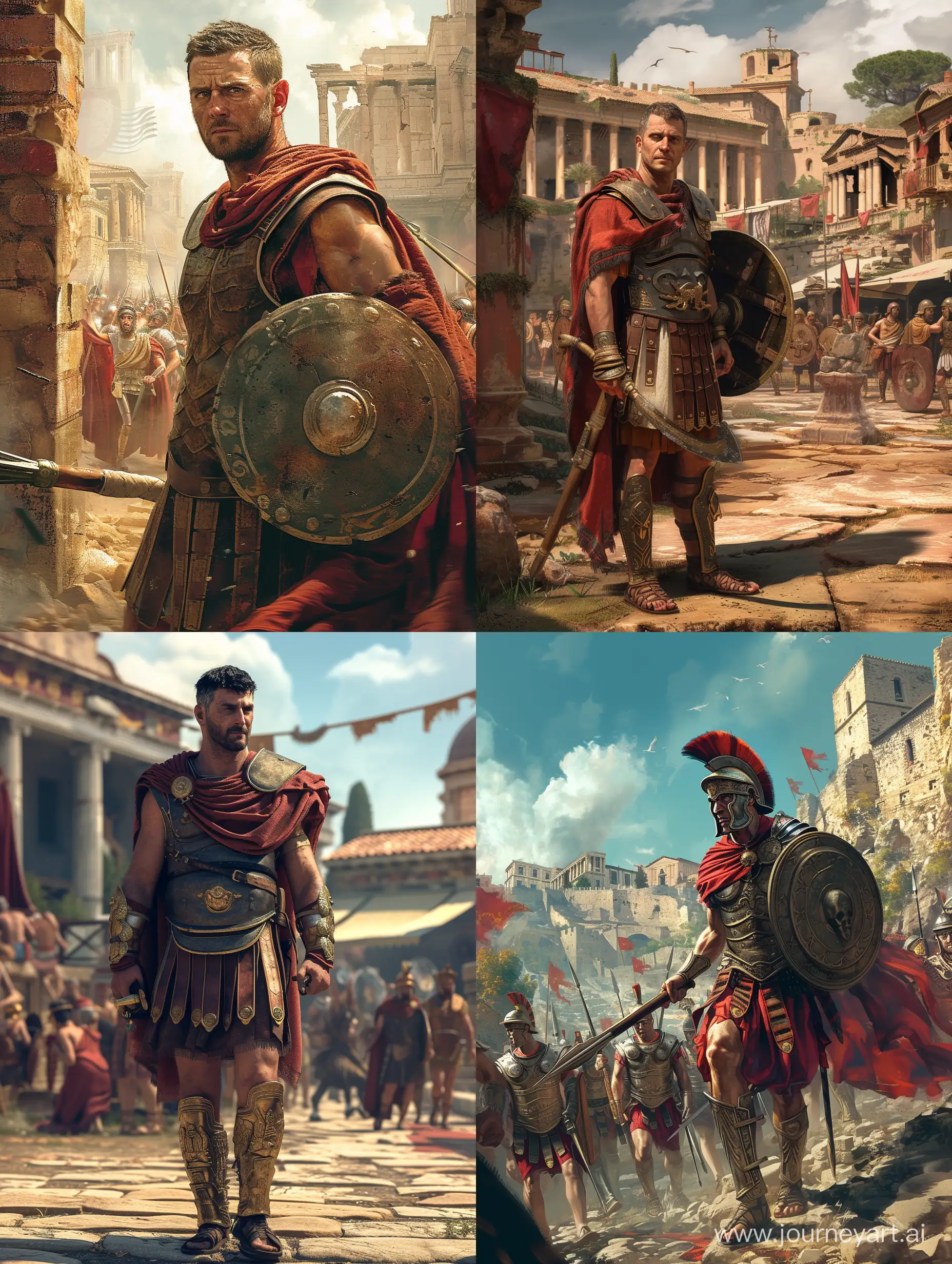 high-resolution, thrakischer kämpfer römische zeit in antike stadt, 4k realistic