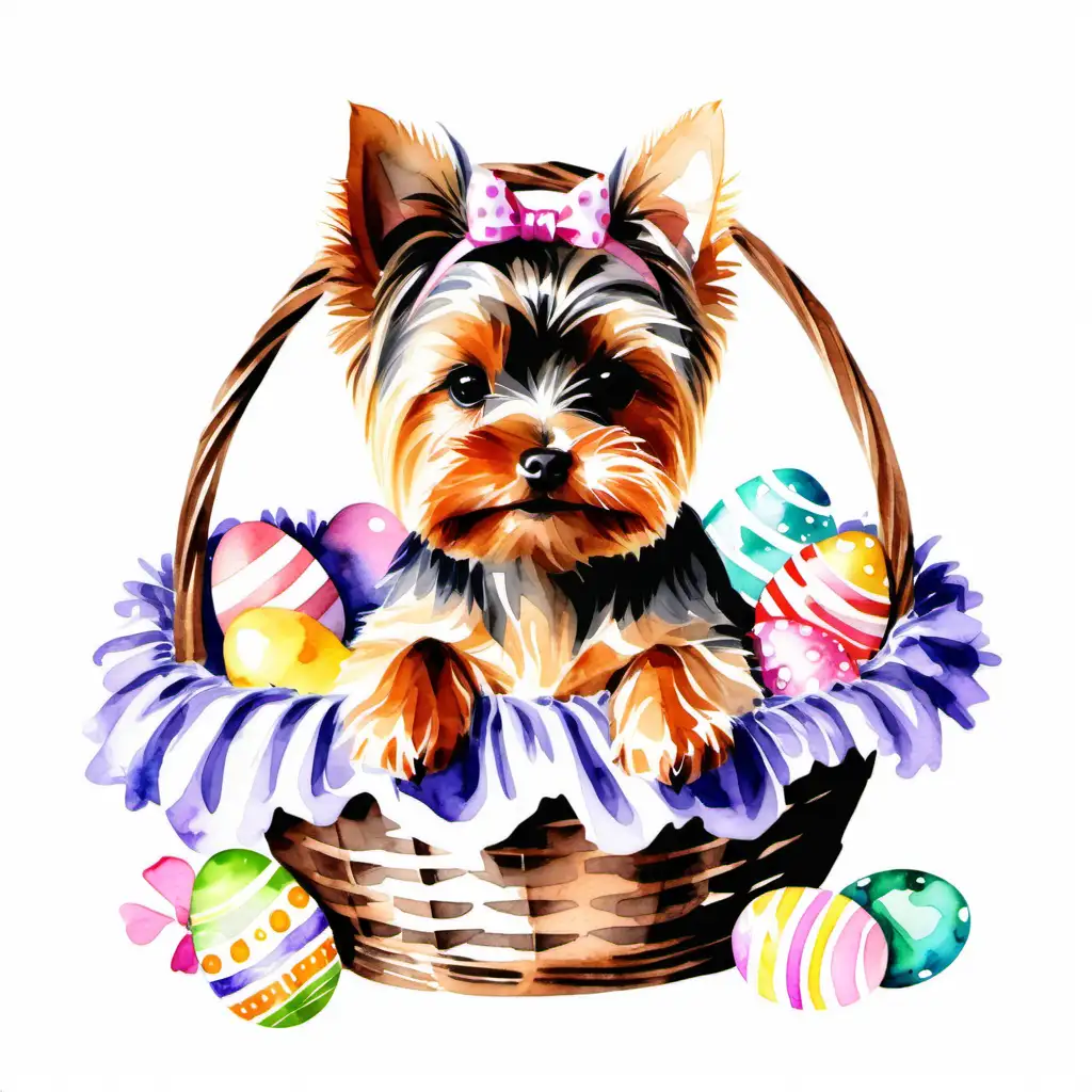 watercolor style, a yorkshire terrier sitting in an easter basket on a white background.