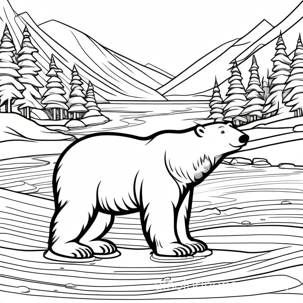 A polarbear on ice with beautiful scenery, Coloring Page, black and white, line art, white background, Simplicity, Ample White Space. The background of the coloring page is plain white to make it easy for young children to color within the lines. The outlines of all the subjects are easy to distinguish, making it simple for kids to color without too much difficulty