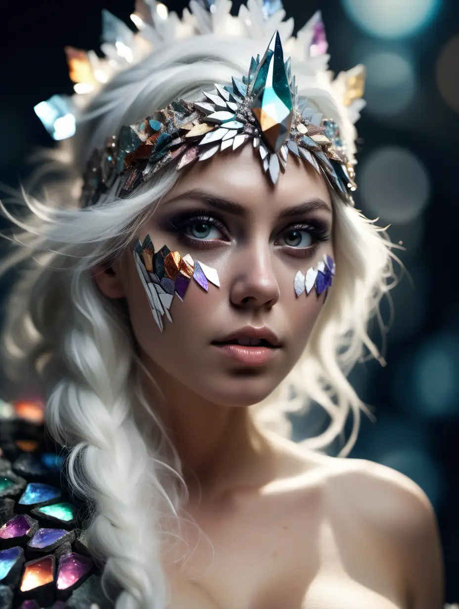 Beautiful Nordic woman, very attractive face, detailed eyes, big breasts, slim body, dark eye shadow, messy white hair, wearing a headdress covered with hundreds of intricately layered geode shards of varying colors, close up, bokeh background, soft light on face, rim lighting, facing away from camera, looking back over her shoulder, photorealistic, very high detail, extra wide photo, full body photo, aerial photo