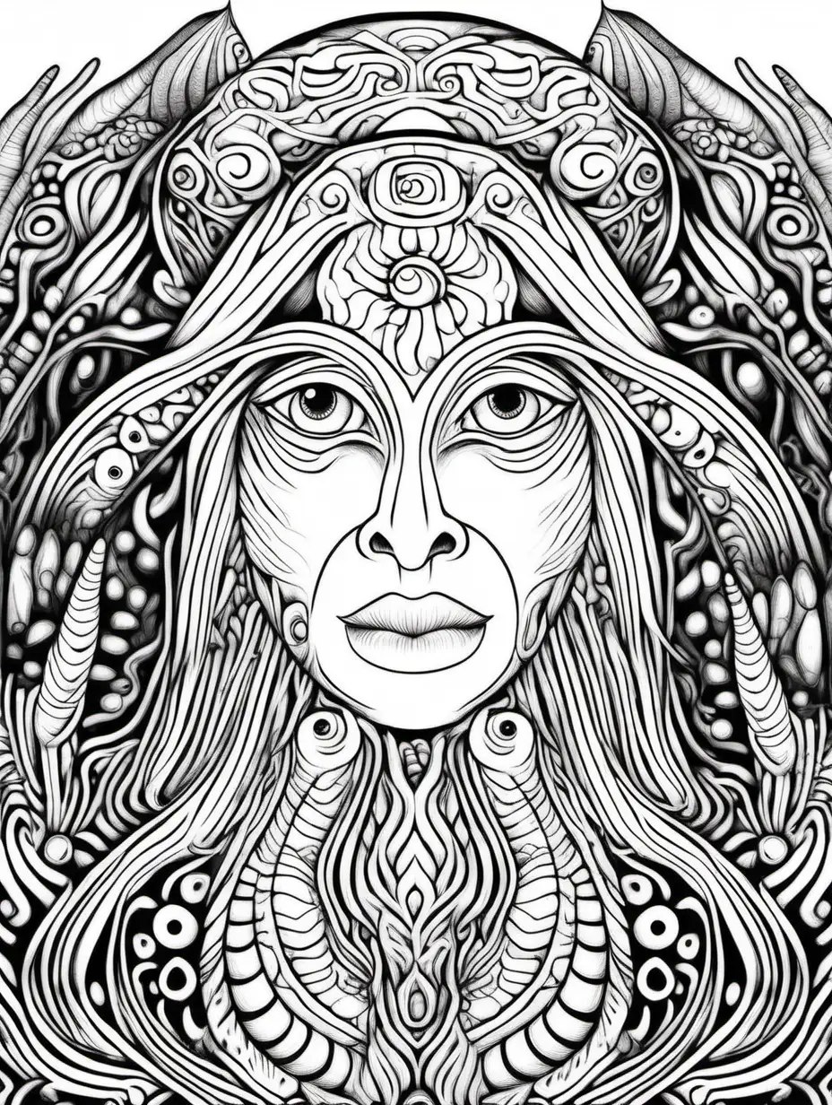 clean line art,black and white,simple,coloring book page,ayahuasca,peru,enlightenment,dmt,eyes,jungle,amazon river dolphin