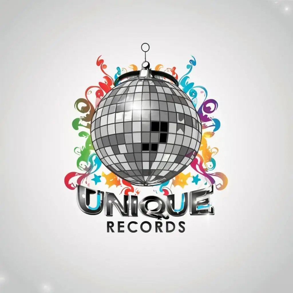 a logo design,with the text "UNIQUE Records", main symbol:silver shiny disco ball cute over the top,complex,be used in Entertainment industry,clear background
