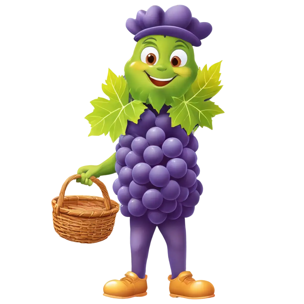 a grape mascot with carrying basket